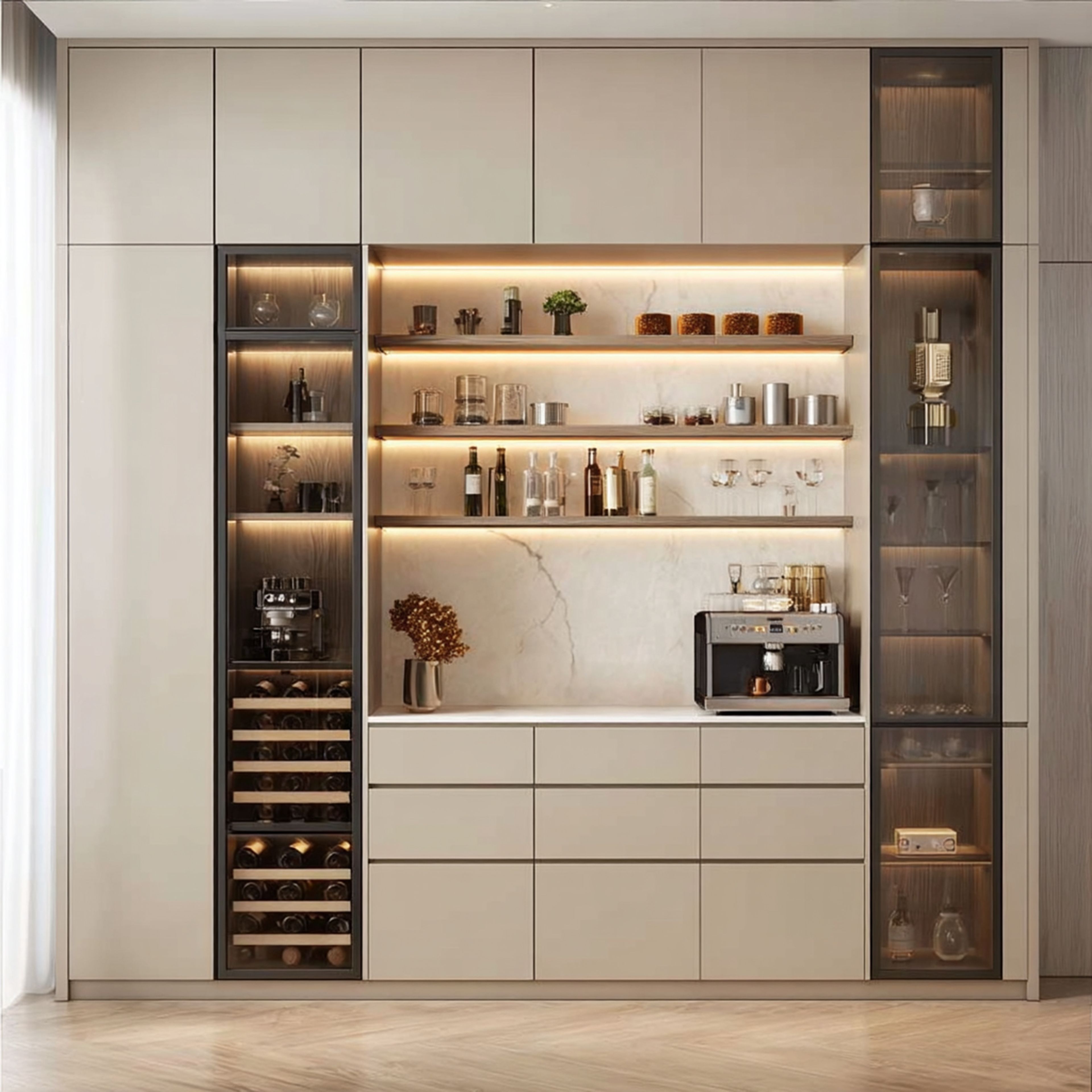 Modern Home Bar Design with Tall Glass Towers and Open Shelves