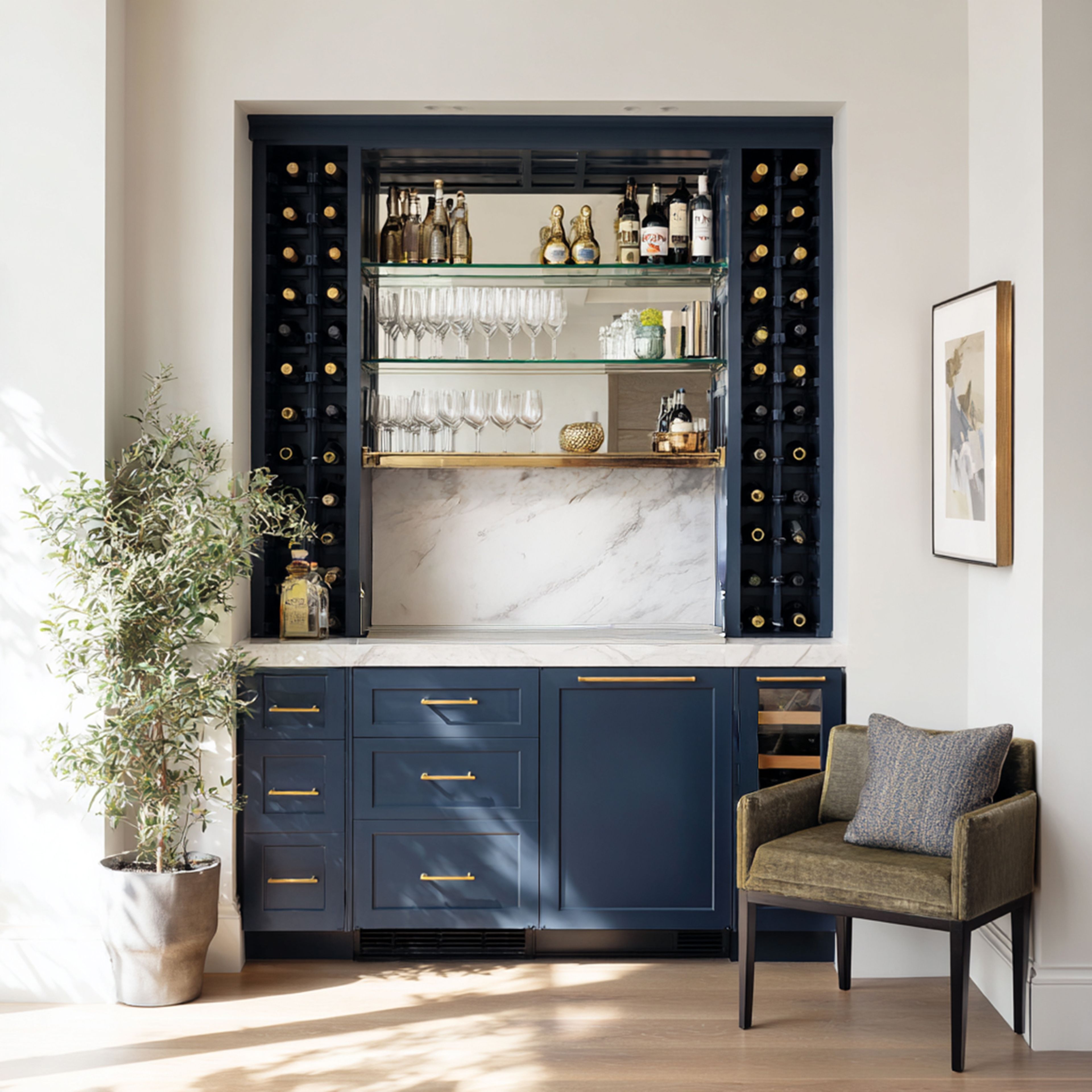 Transitional Home Bar Design with Wine Cubbies and Mirrored Display Shelves