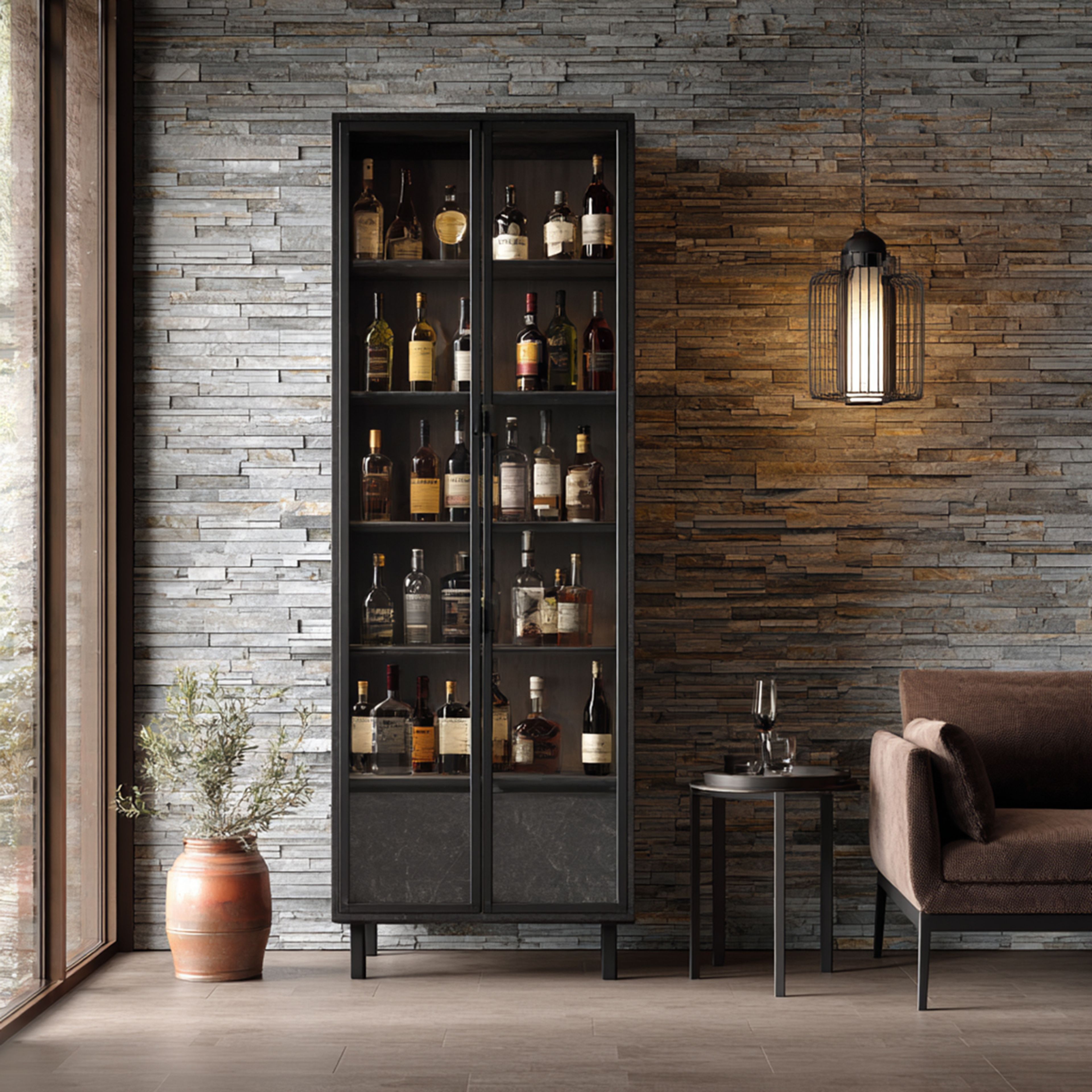 Industrial Home Bar Design with Black Glass Shutter Display Cabinet