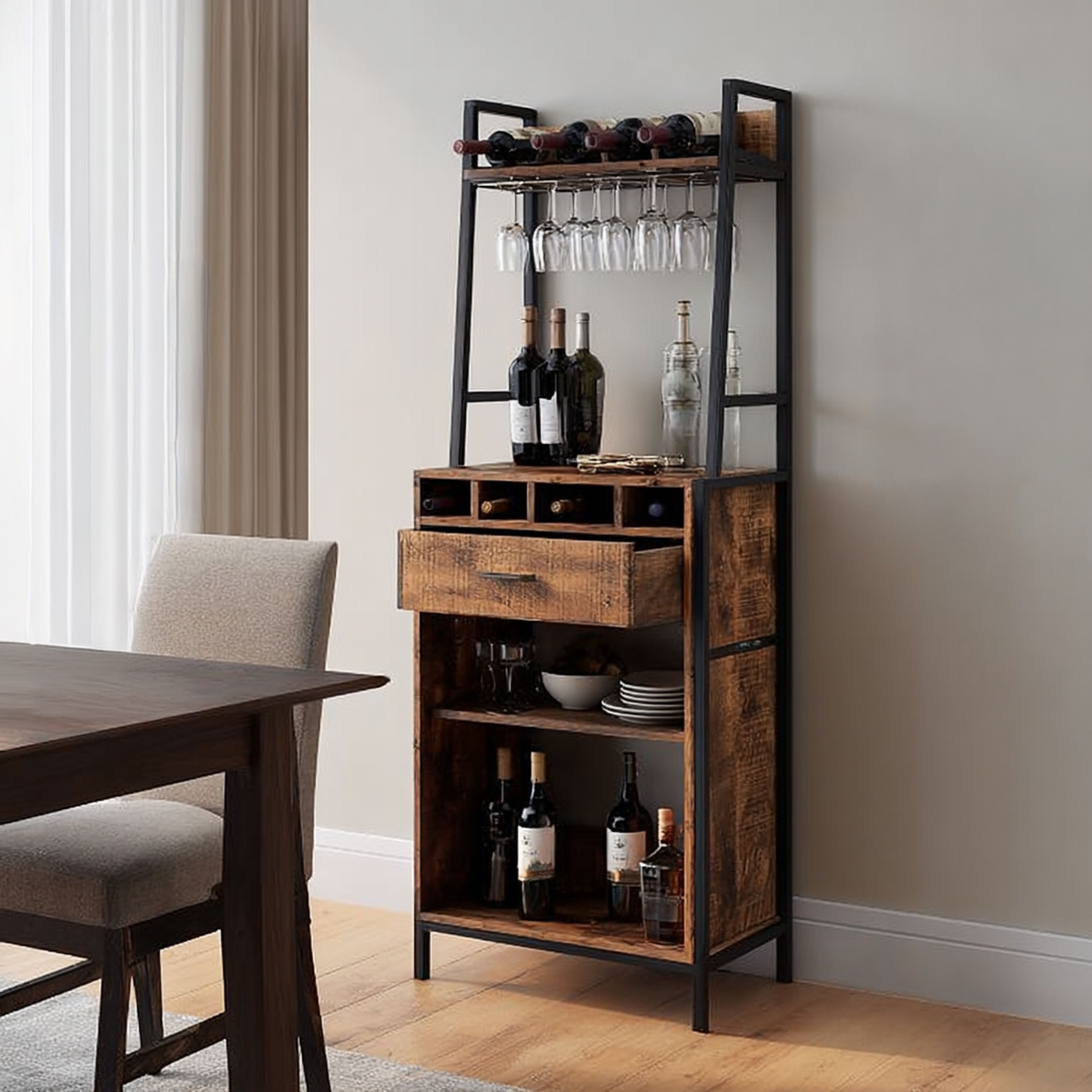 Rustic Home Bar Design with Metal Frame, Hanging Glass Storage and Wine Rack