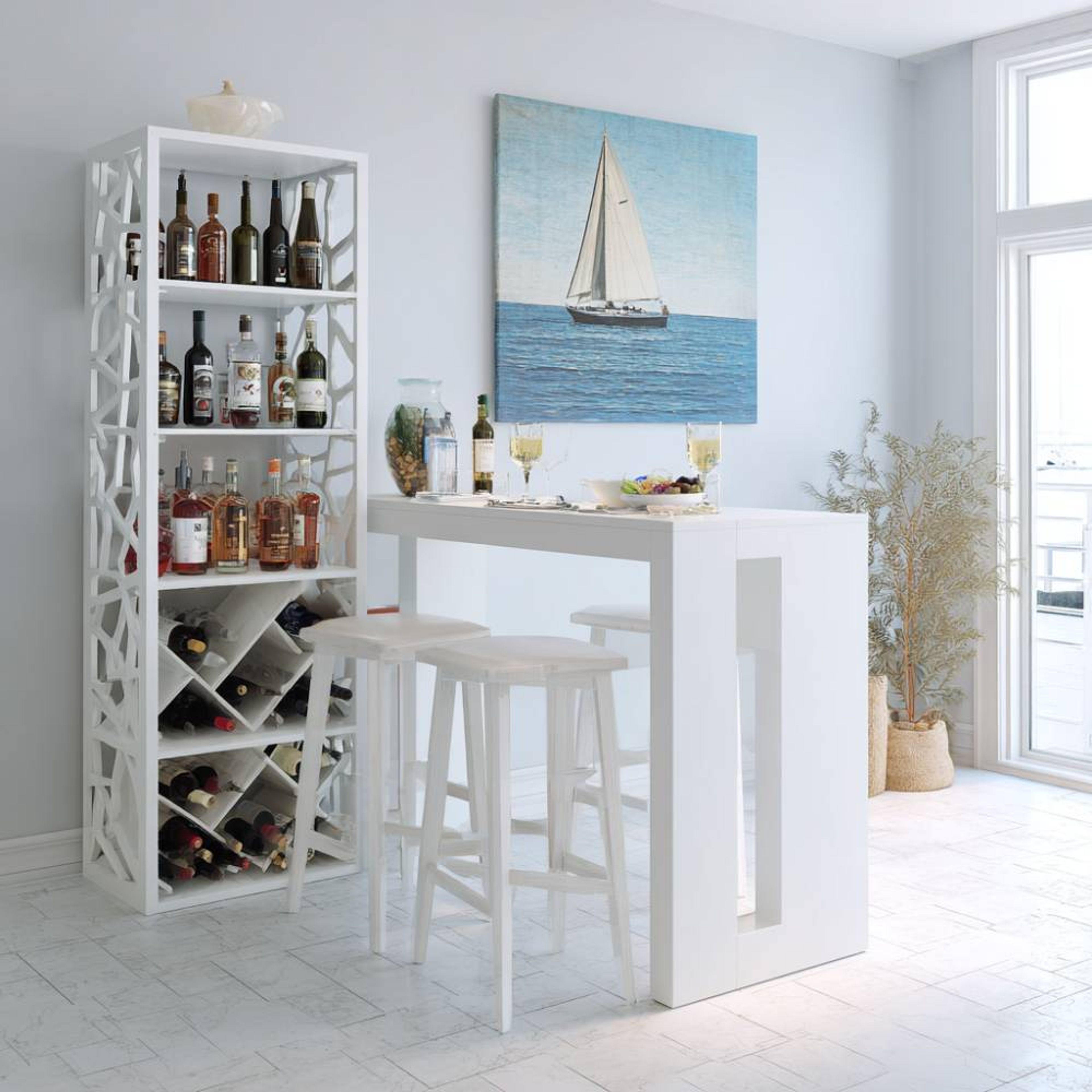 White Modern Home Bar Design with Built-In Wine Rack Shelving and Concealed Drawers