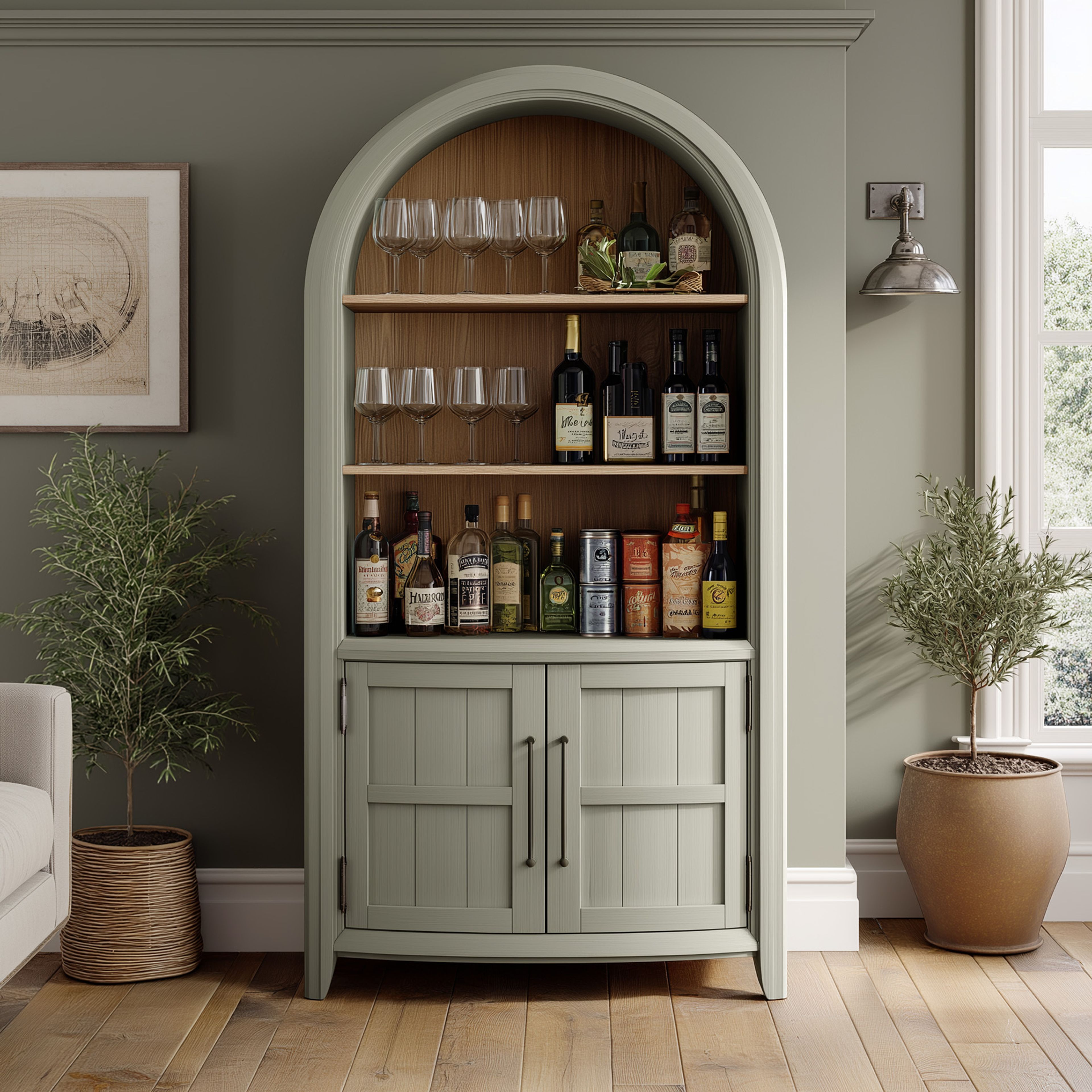 Traditional Sage Green Home Bar Design With Double Door Cabinet Storage