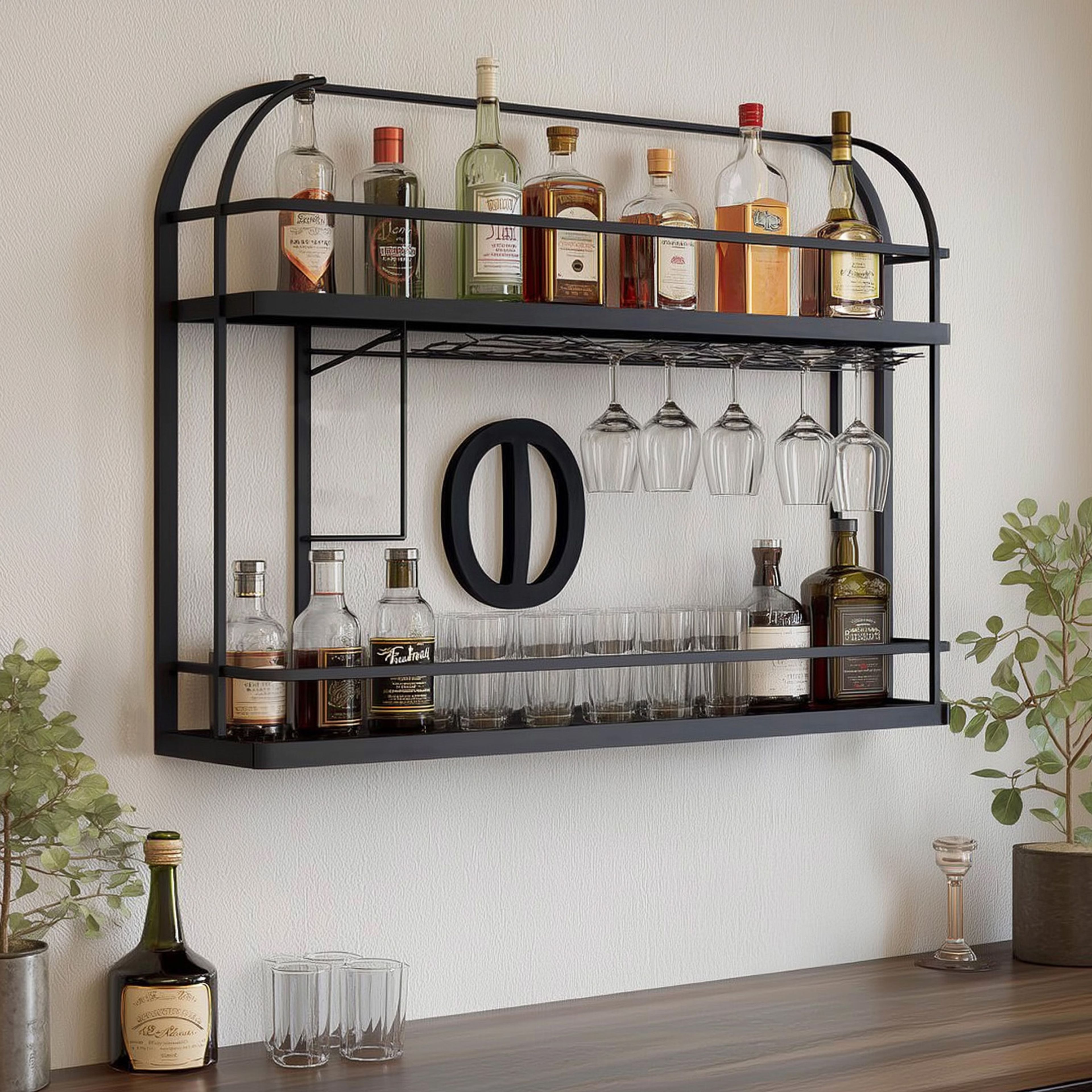 Modern Home Bar Design in Matte Black with Metal Frame Storage