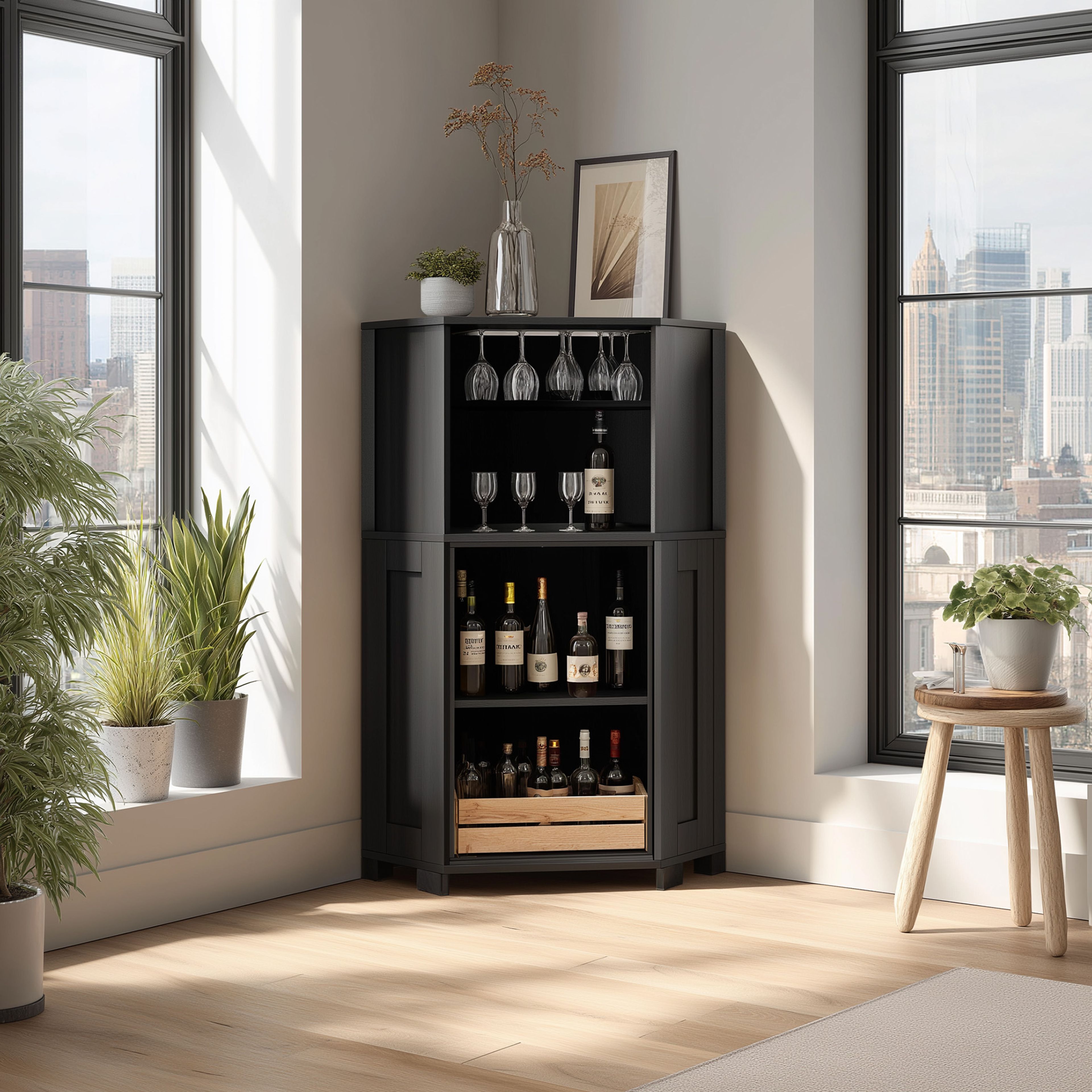 Modern Dark Wood Home Bar Design with Open Shelves, Hanger and Bottle Crate