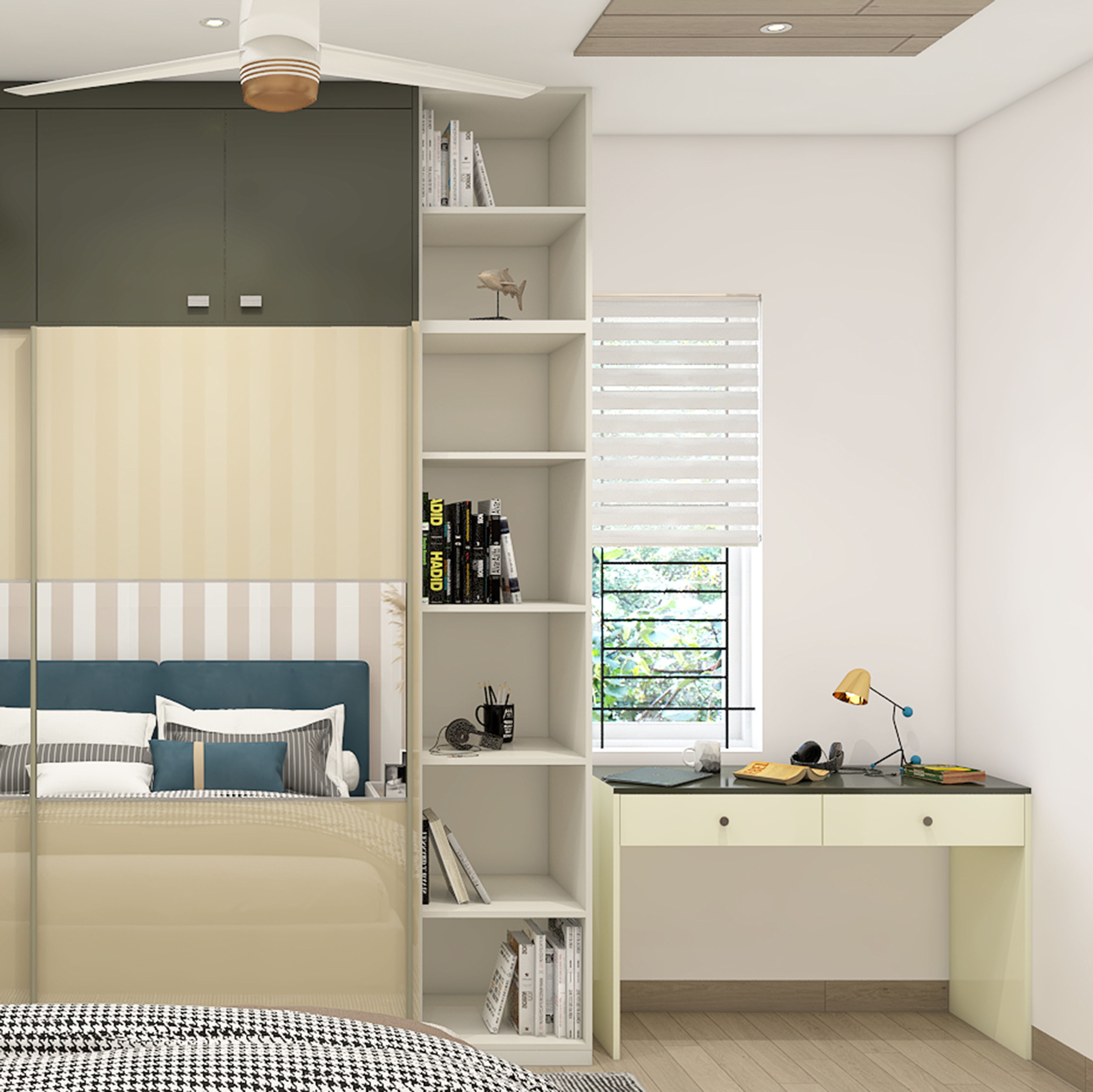 White Modern Home Office Design with Study Desk, Overhead Cabinets and Storage Shelves