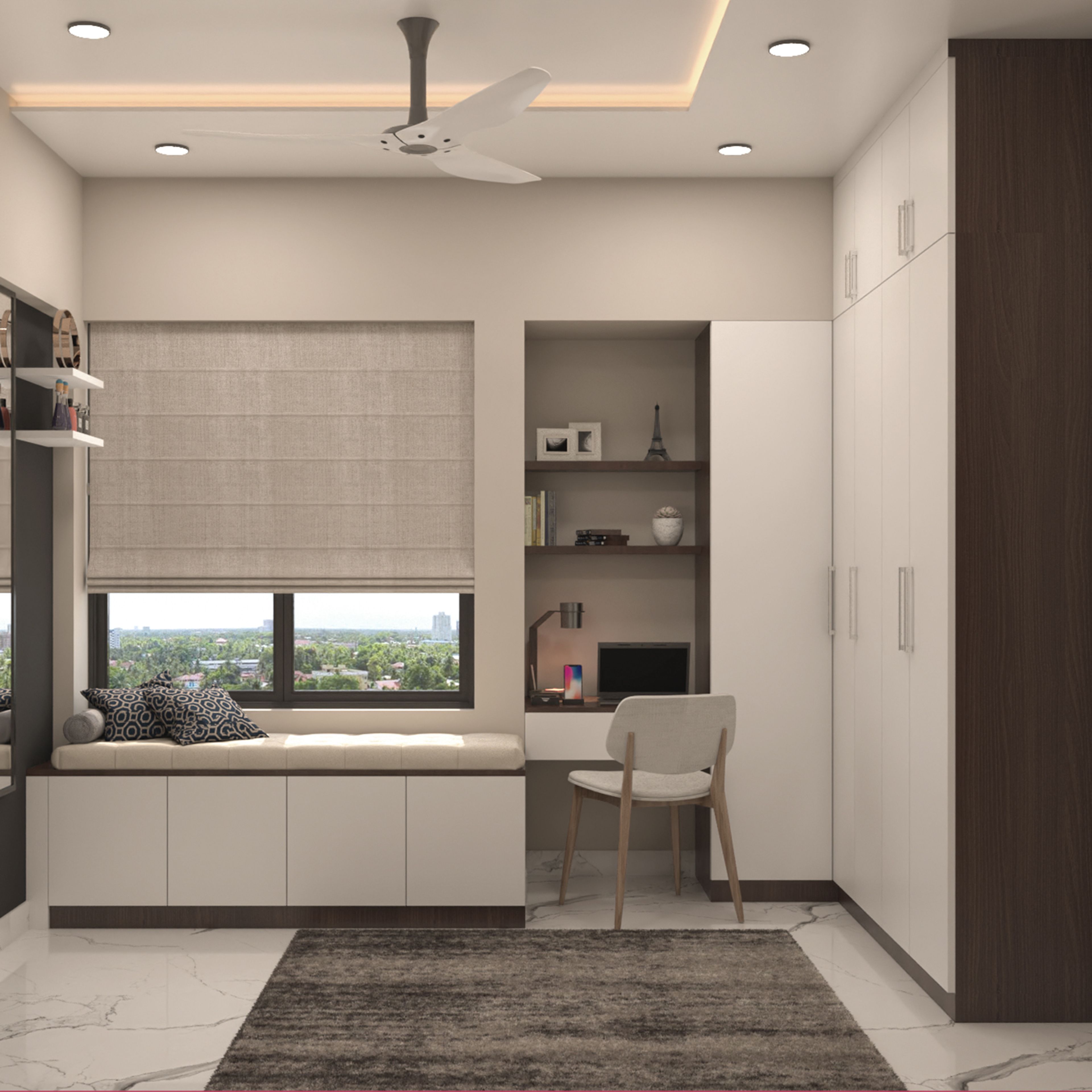 White Modern Home Office Design with Study Desk, Arched Panels and Floating Drawers