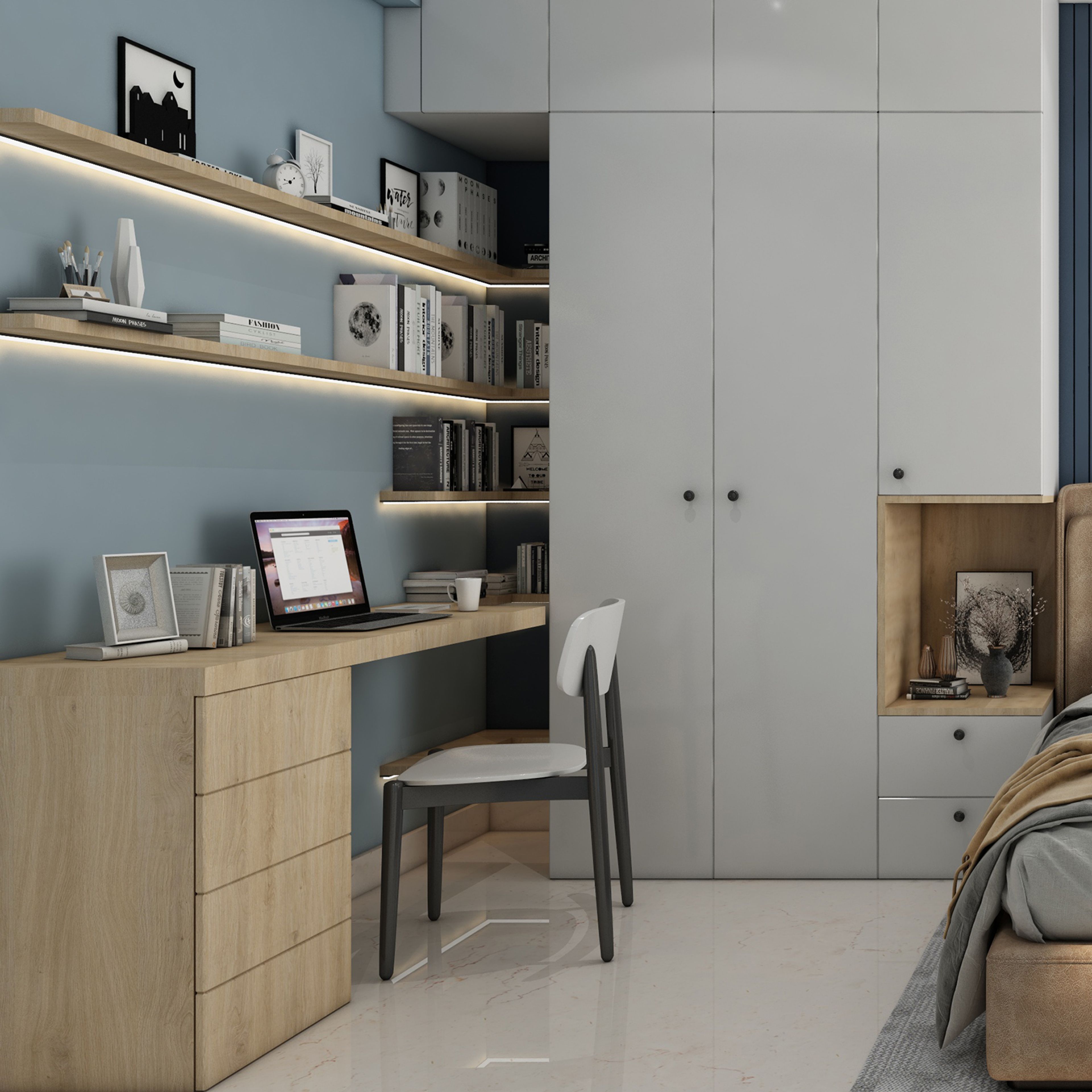 Contemporary Muted Blue Wall Paint Design for Bedrooms and Study Zones