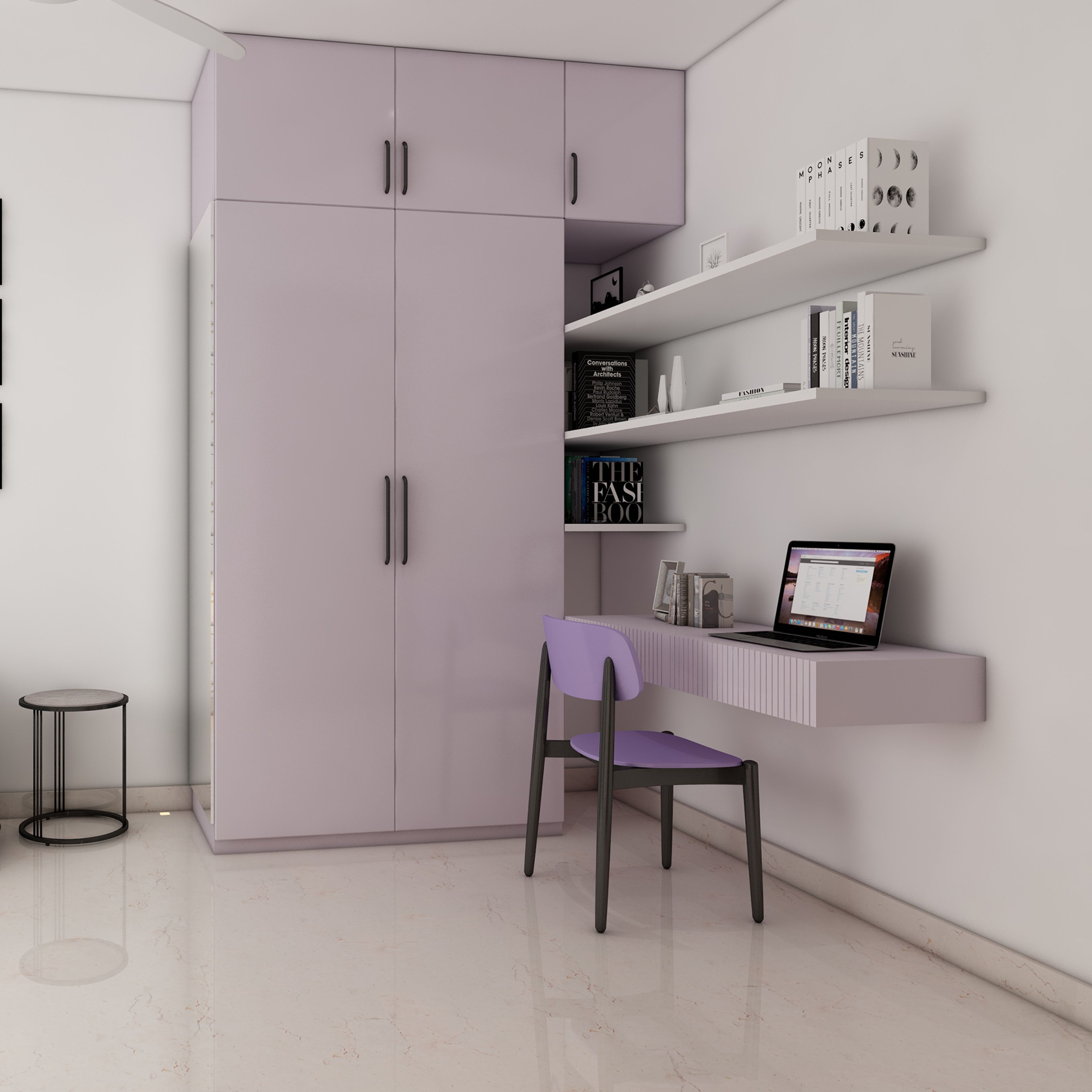 Modern Lavender Home Office Design with Floating Desk and Tall Wardrobe