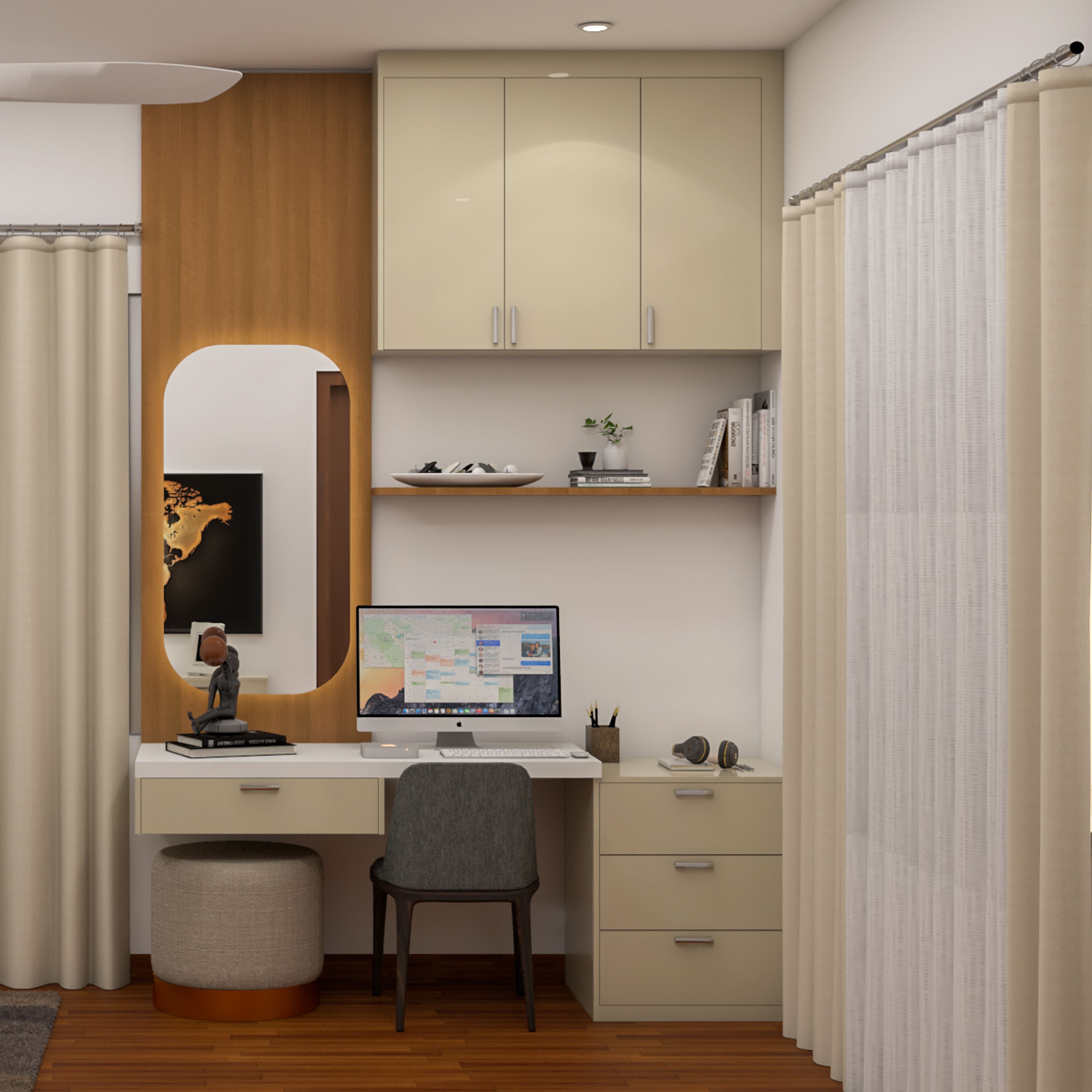 Grey Contemporary Home Office Design Featuring Mirror and Open Shelving