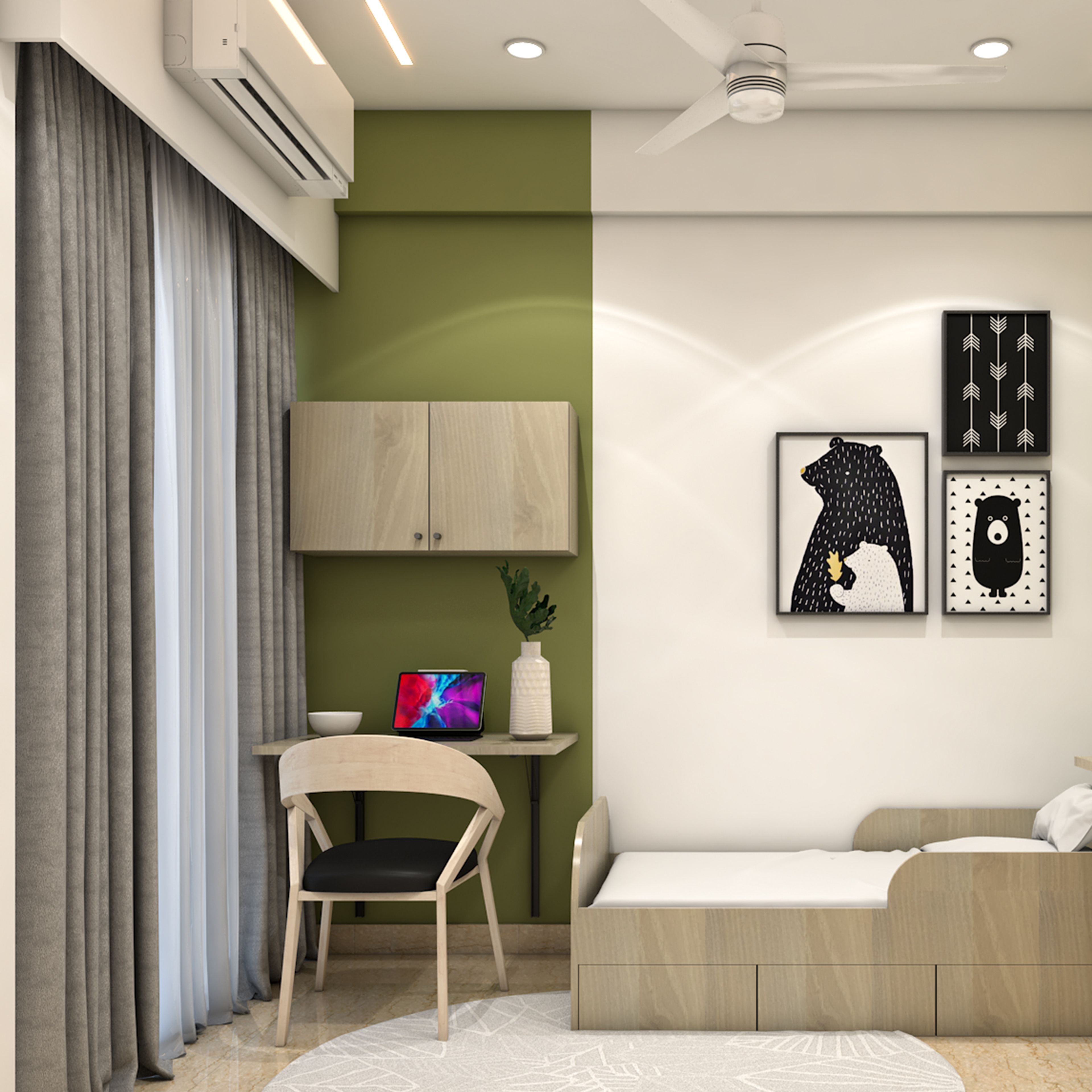 Modern Home Office Design with Compact Desk and Green Accent Wall