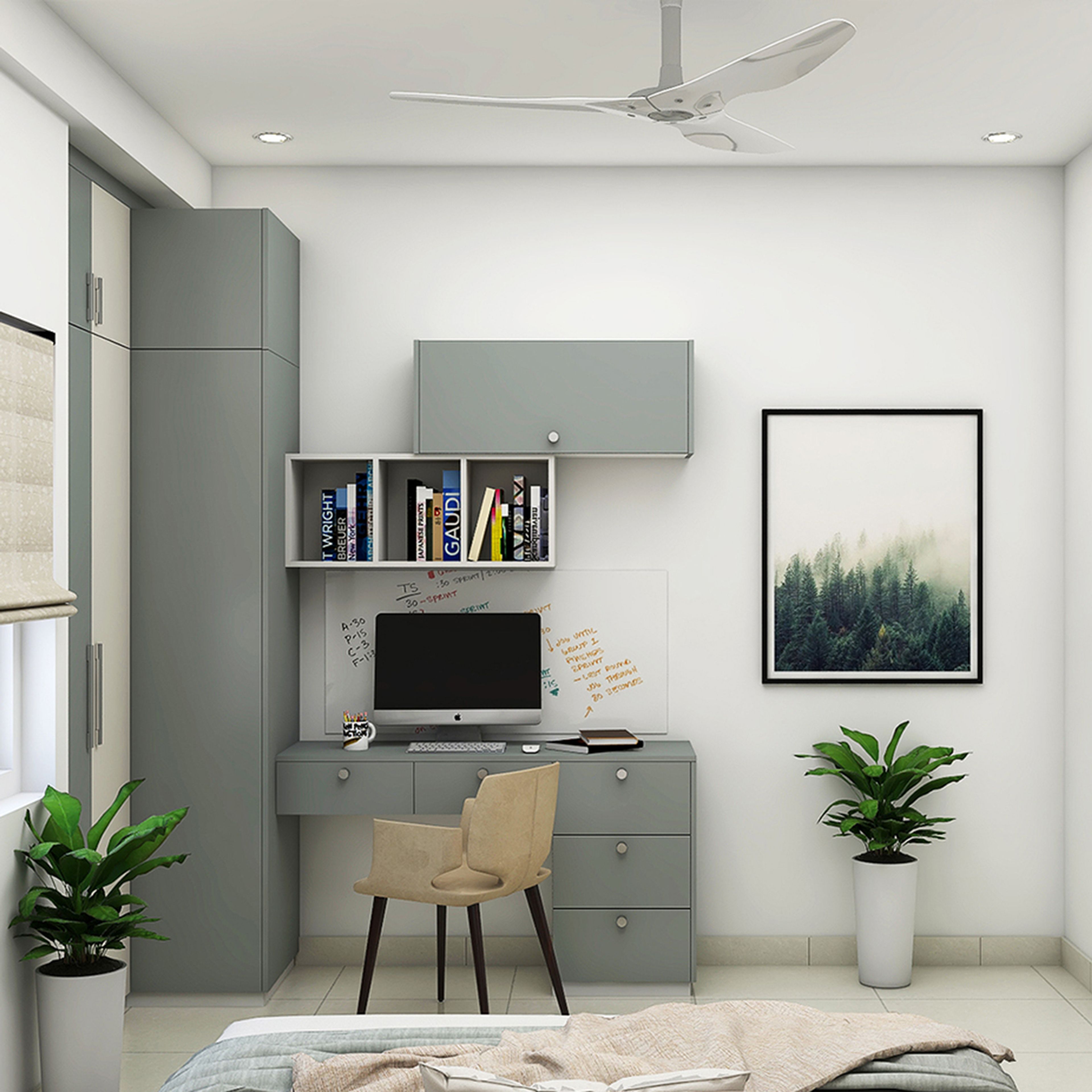 Contemporary Home Office Design with Vertical Cabinets and Open Shelving