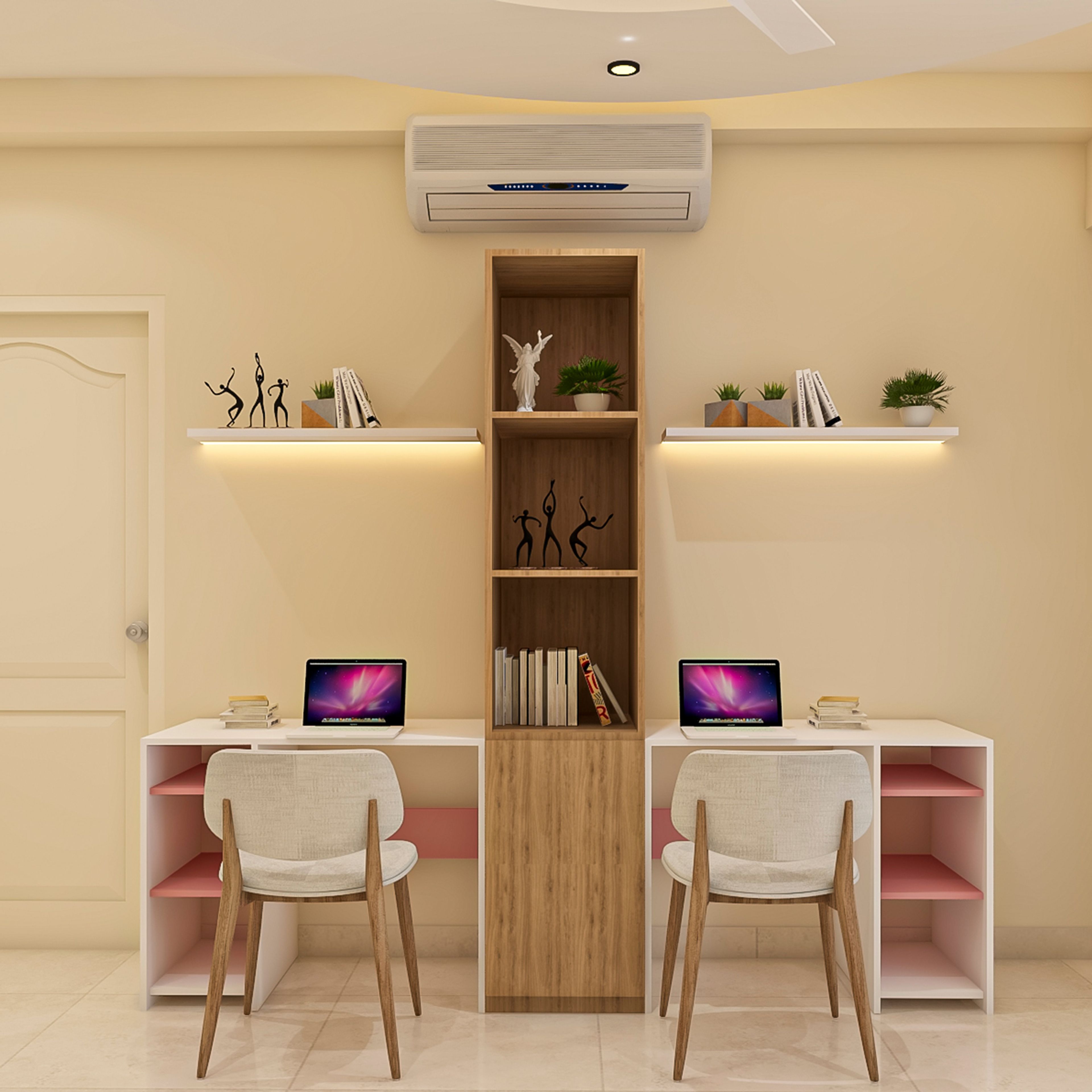 Contemporary Home Office Design with Dual Workstations and Pink Accent Shelving
