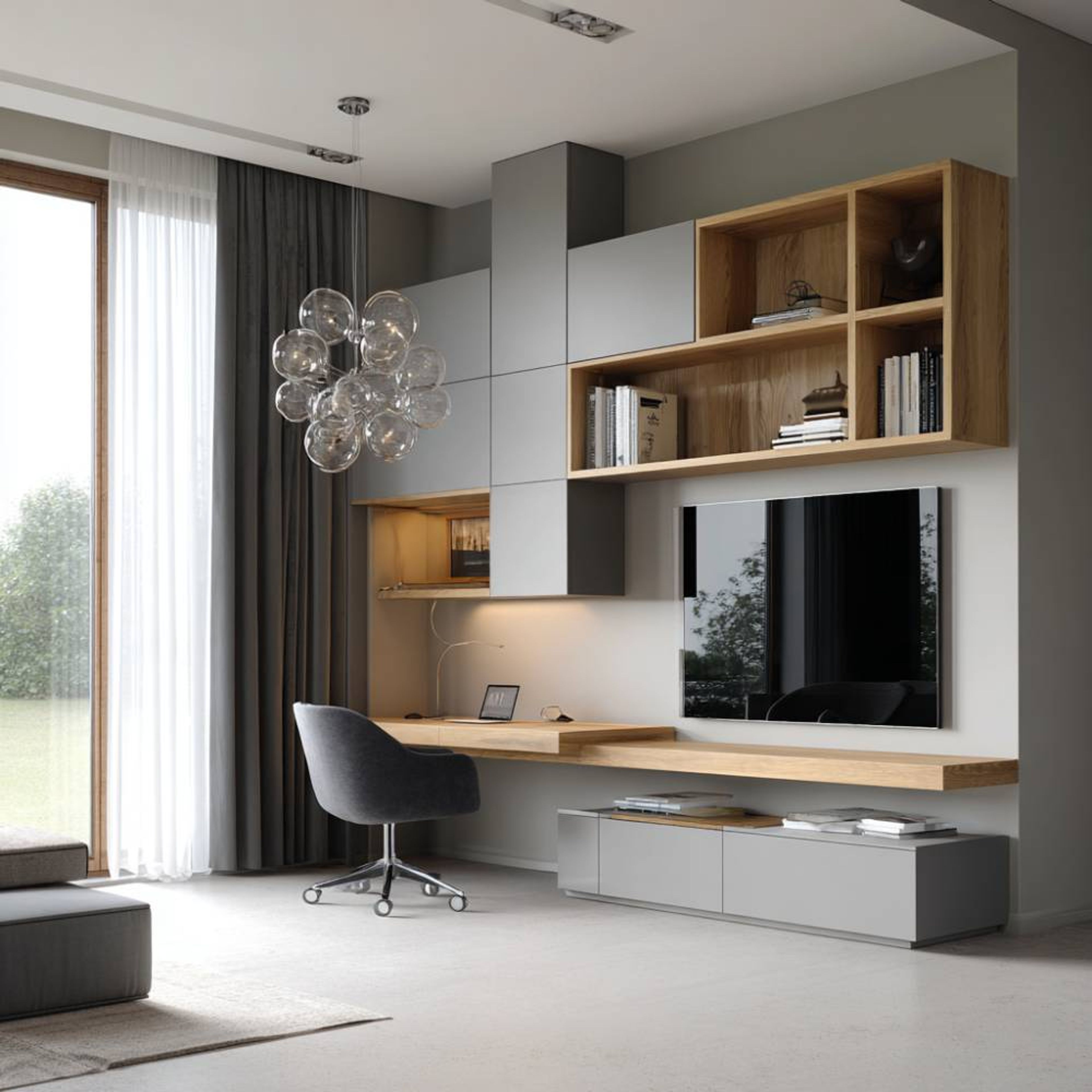 Modern Home Office Design with Floating Desk and Oak Shelving