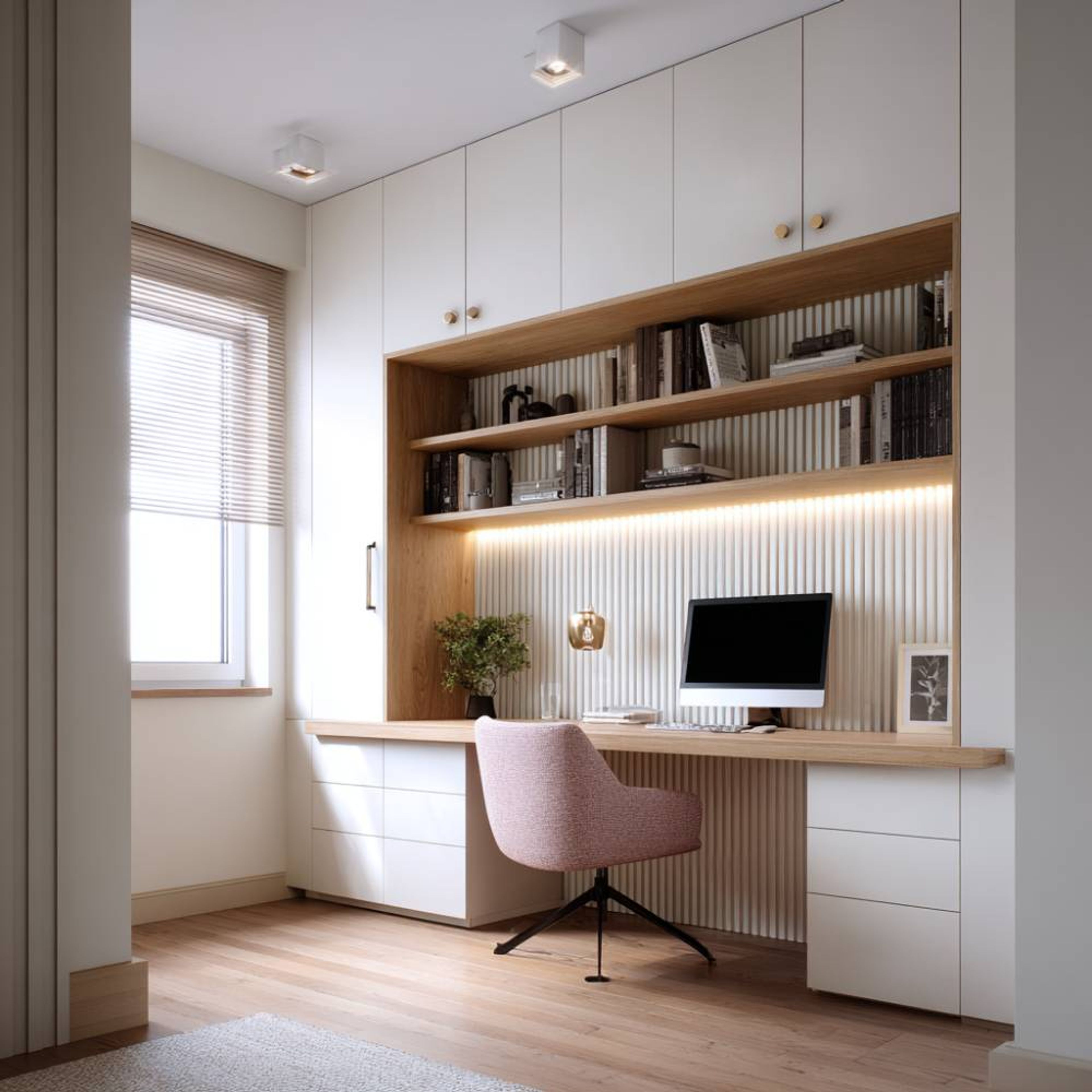 Acacia and White Modern Home Office Design with Fluted Panels