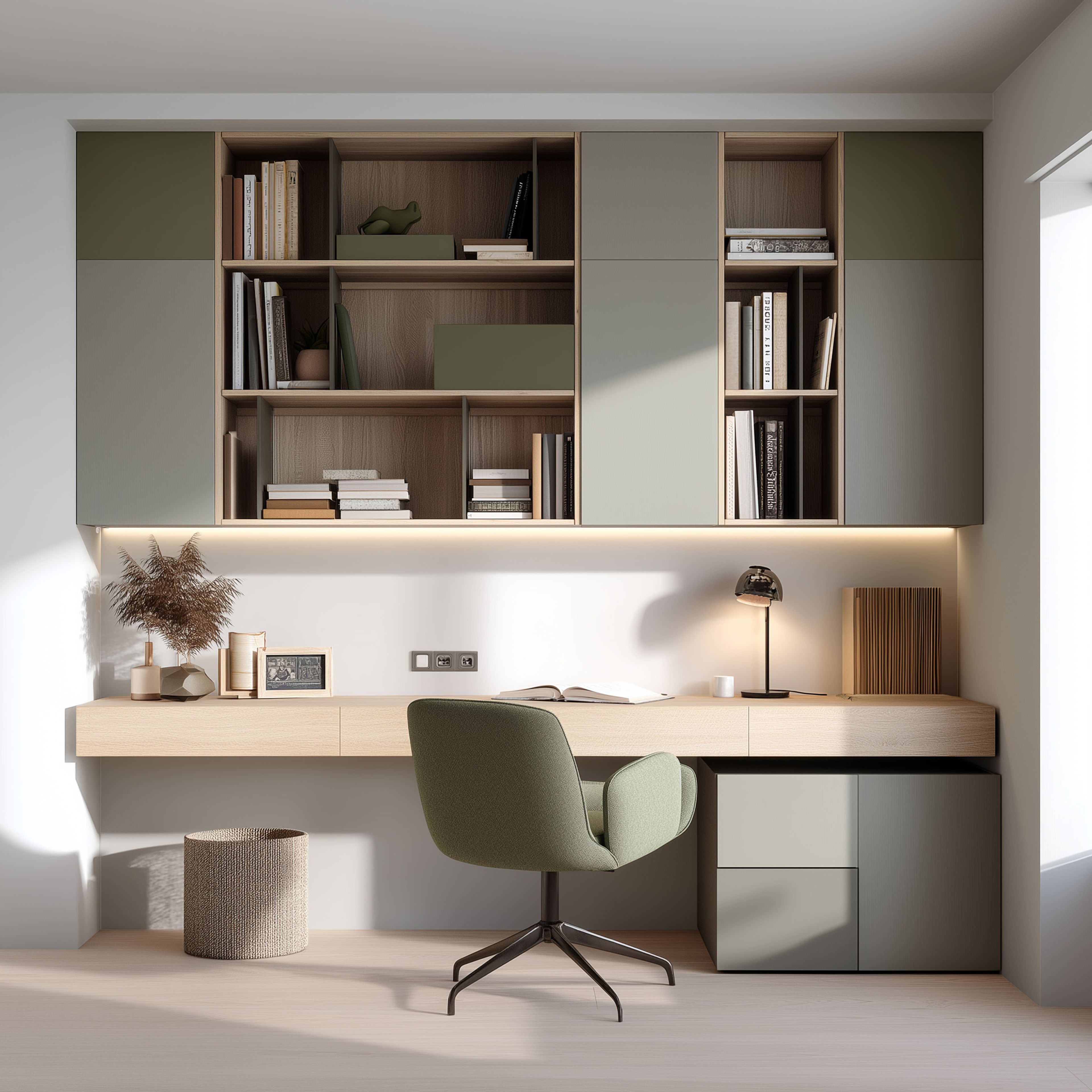 Scandinavian Green, Grey and Wood Home Office Design with Built-In Storage and Floating Desk