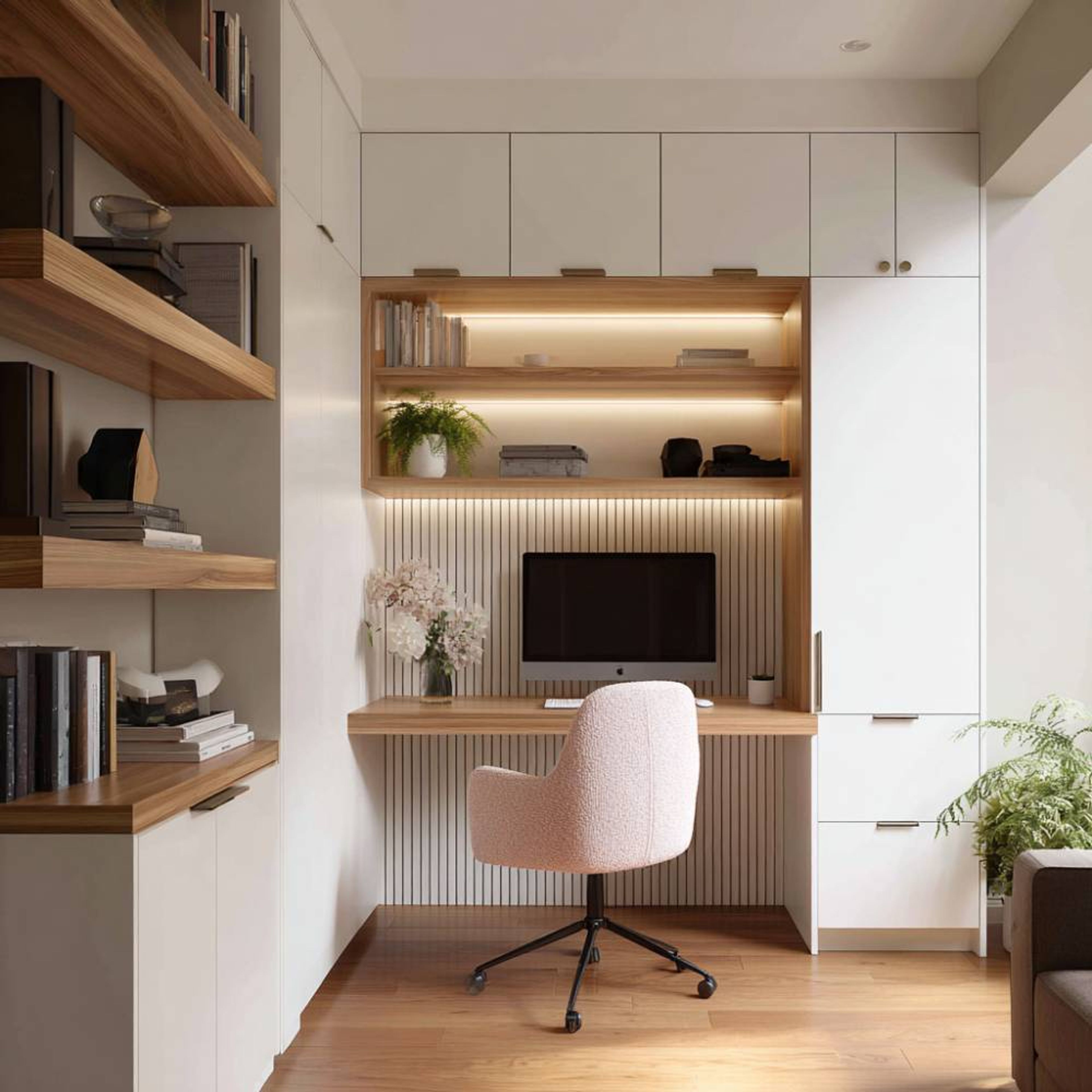 Fluted Panel White and Acacia Modern Home Office Design with Pink Chair