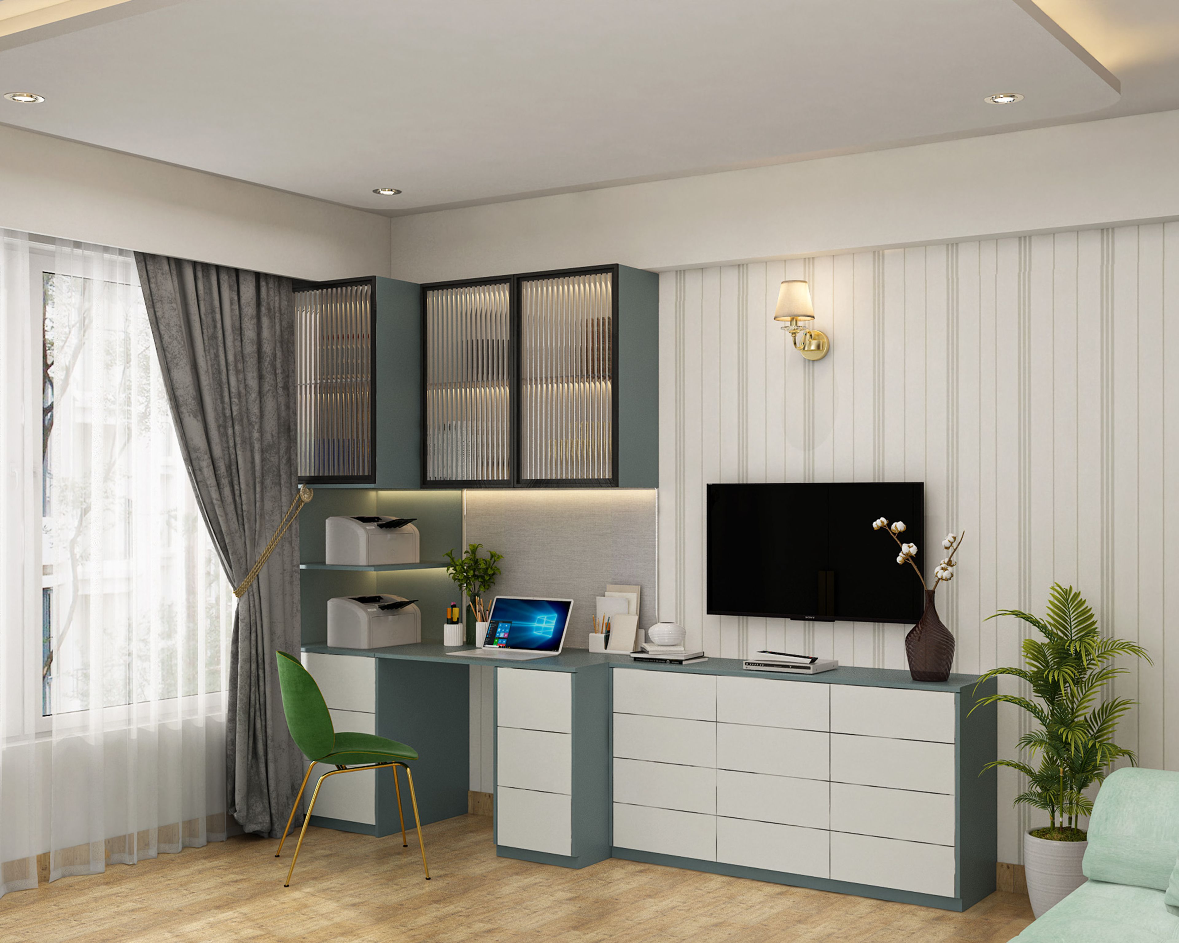 Modern Teal-White Home Office Design with Glass Cabinets and Built-In Workspace