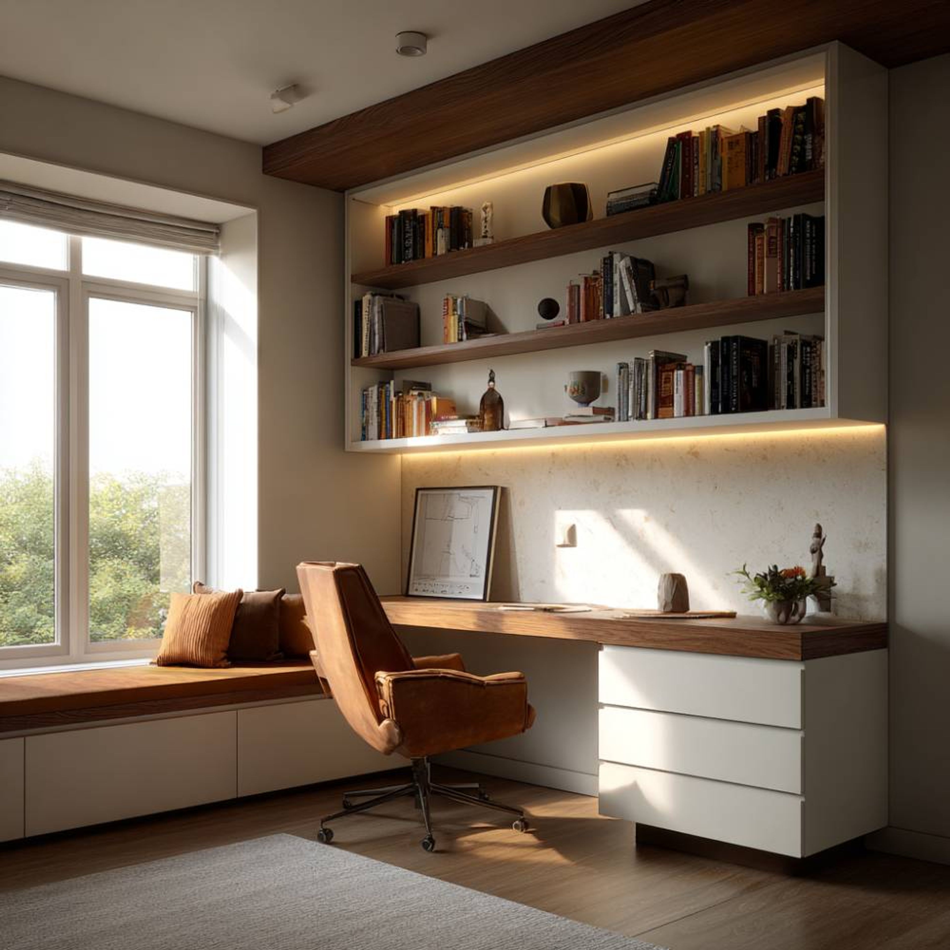 Leather Chair Home Office Design with Open Display Shelves