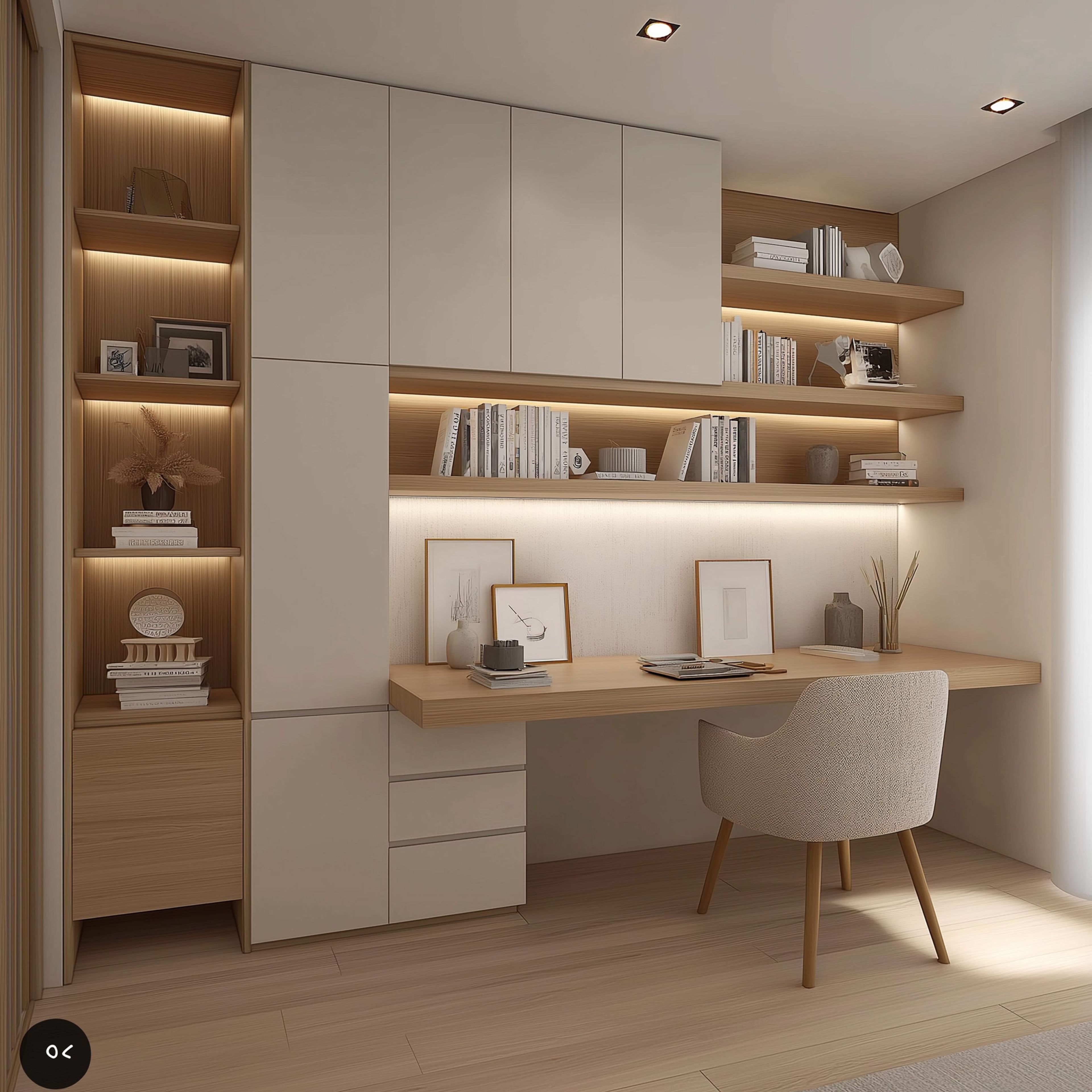 White and Wood Minimal Home Office Design with Storage and Floating Shelves