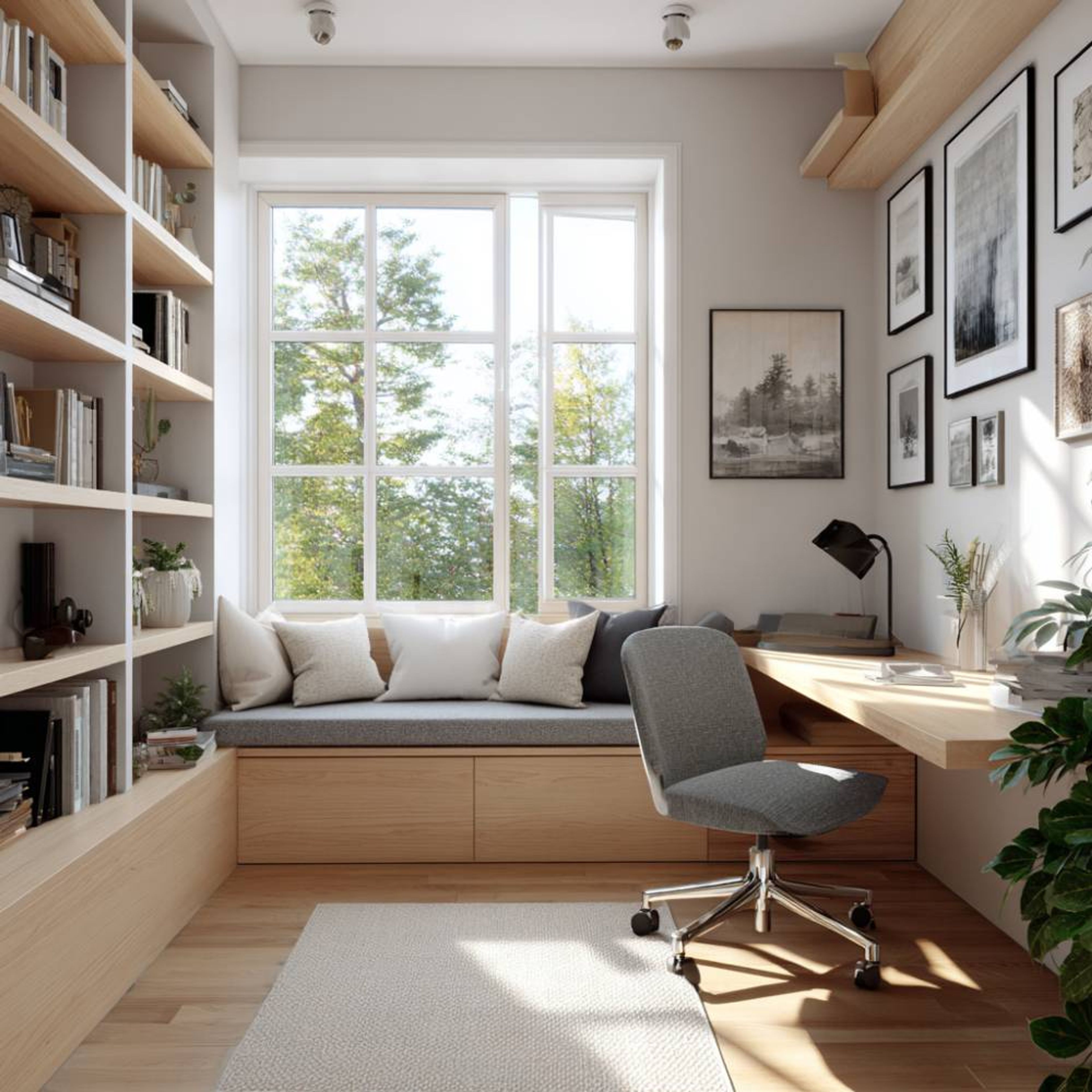 Bay Window Acacia Modern Home Office Design with Library Shelving