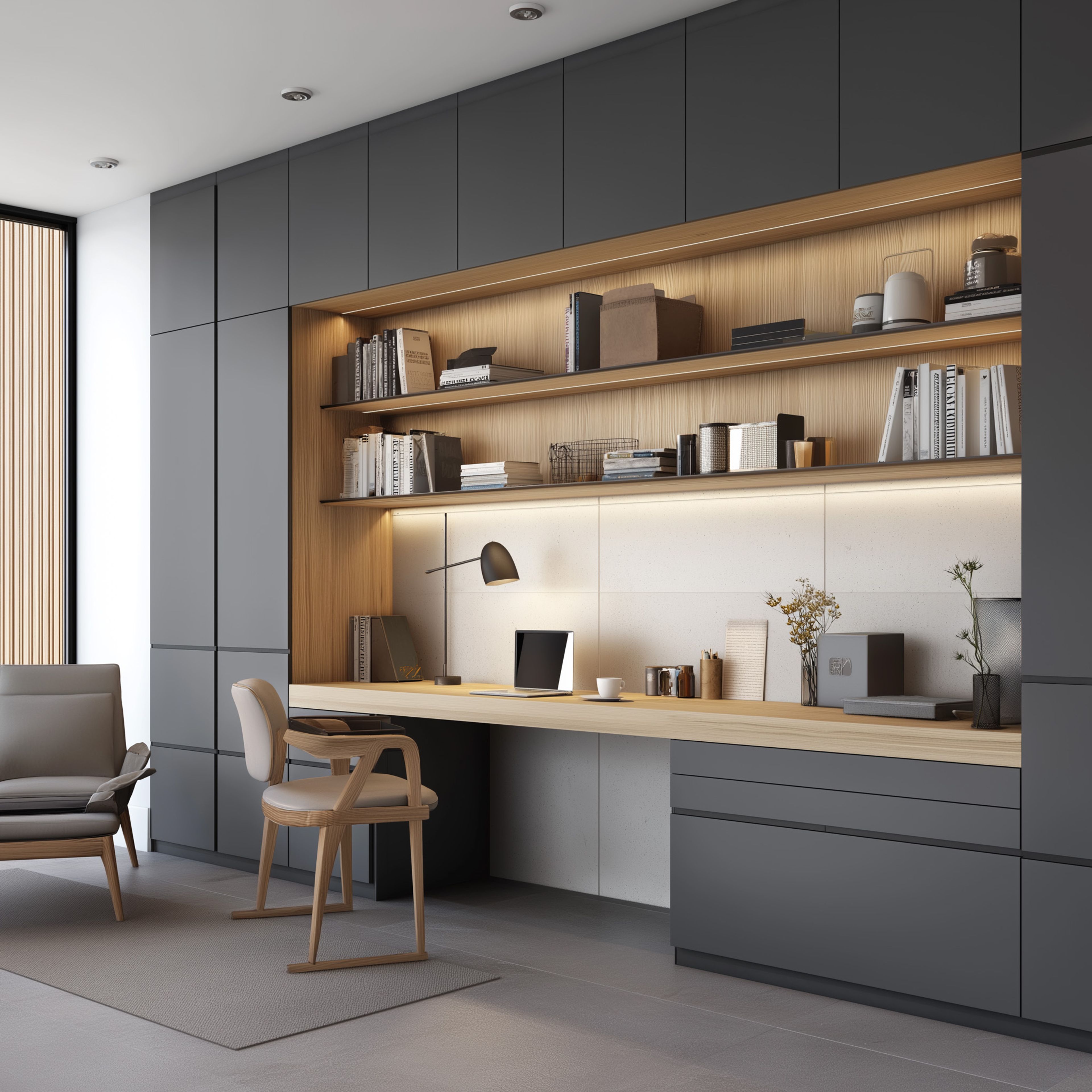 Grey-Wood Contemporary Home Office Design with Full-Height Storage and Floating Desk