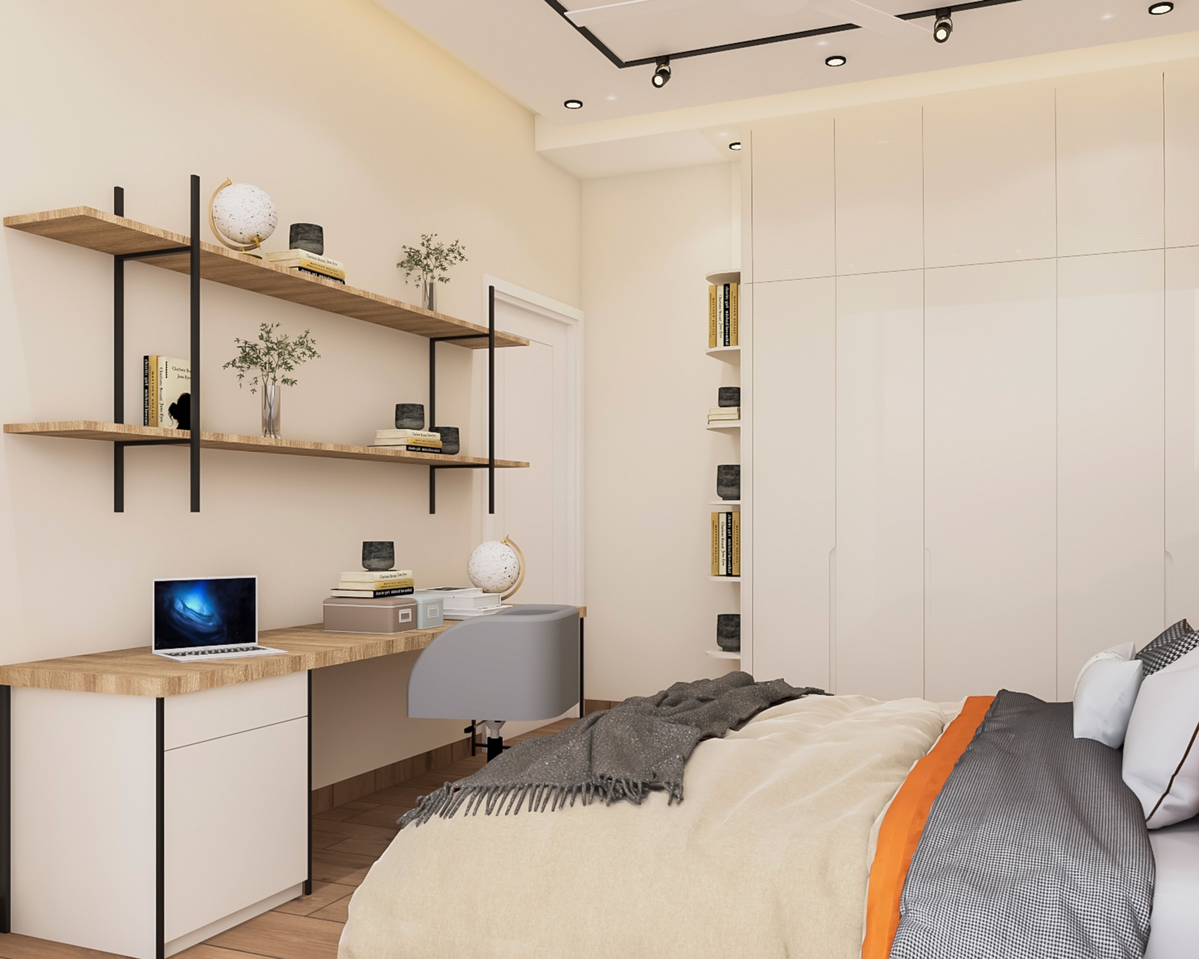 Scandinavian Home Office Design with Oak Desk and Black Metal Open Shelves