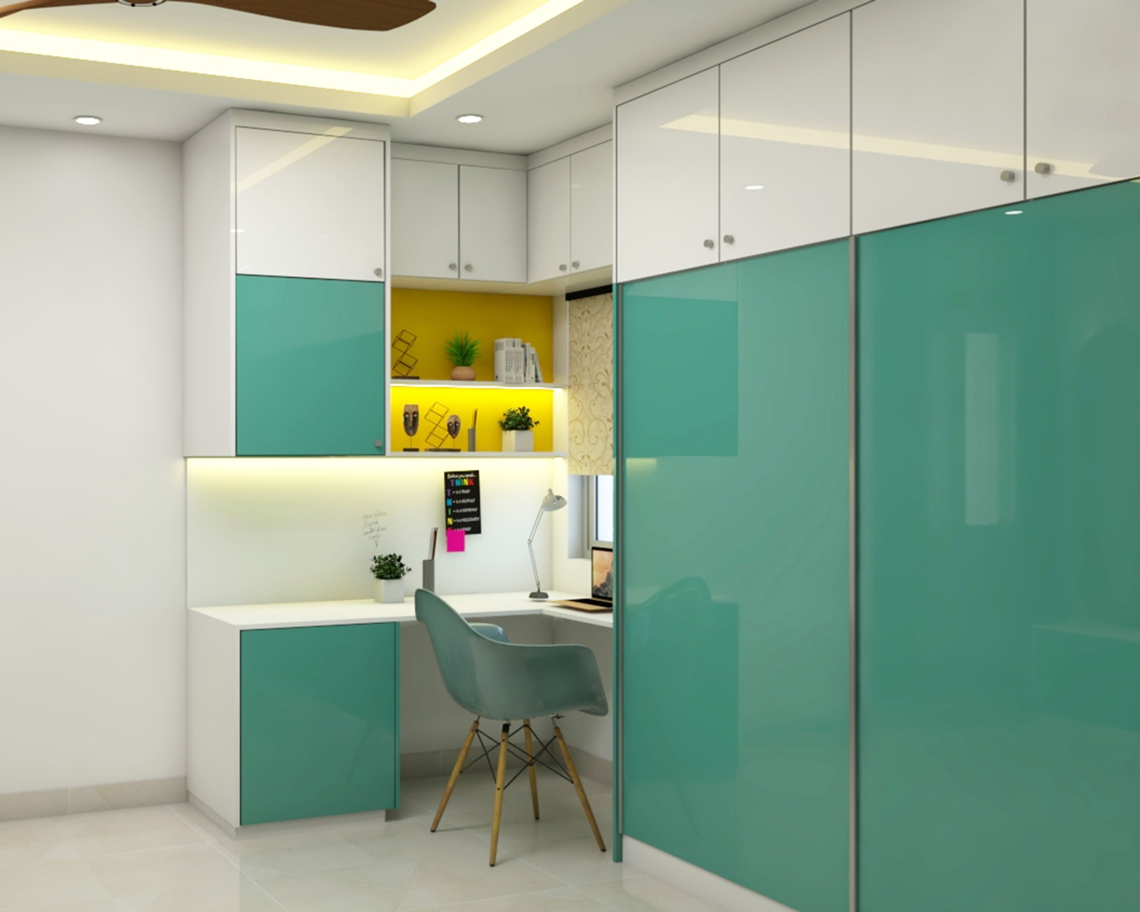 Teal and White Contemporary Home Office Design with Sliding Wardrobes