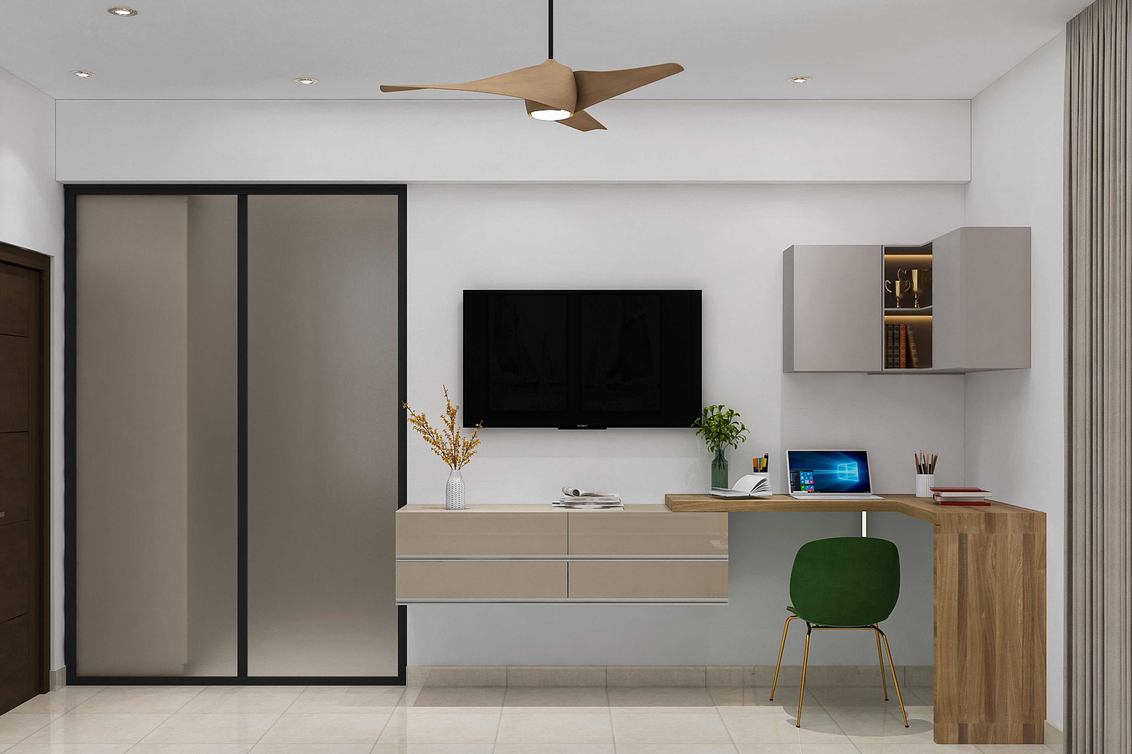 Beige Grey and Teak Modern Home Office Design with Floating Desk