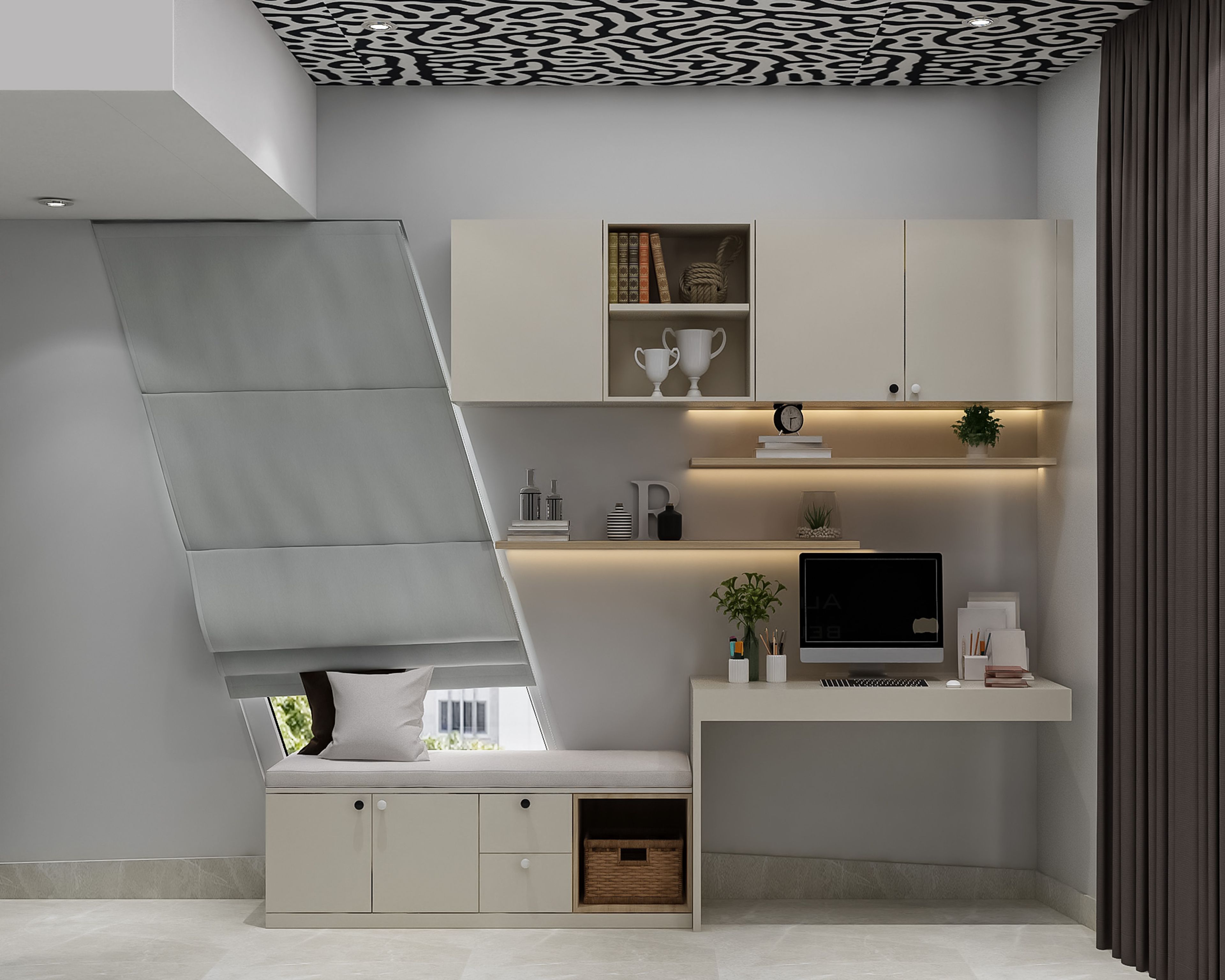 Champagne and Acacia Modern Home Office Design with Window Bench