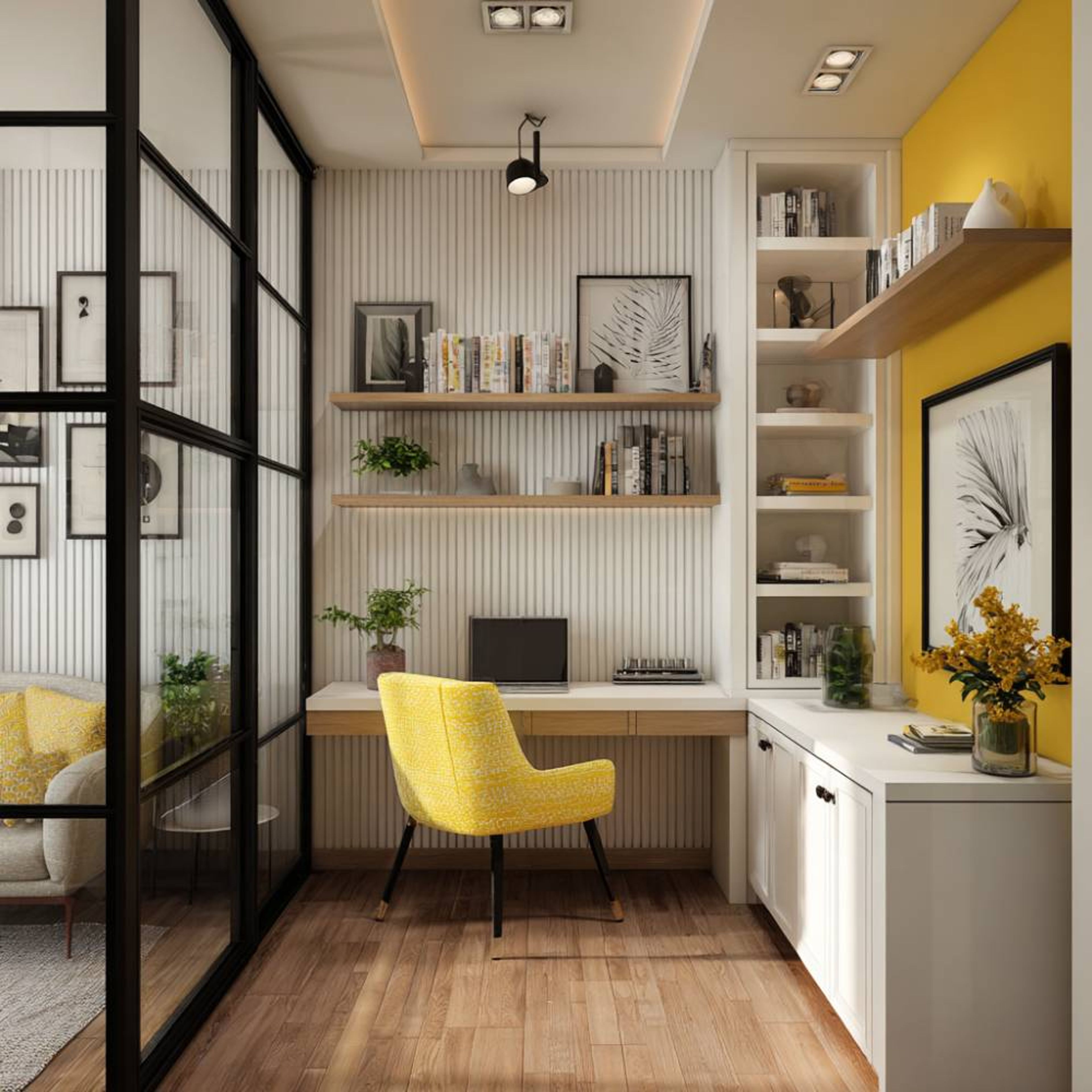 White and Walnut Modern Home Office Design with Floating Desk