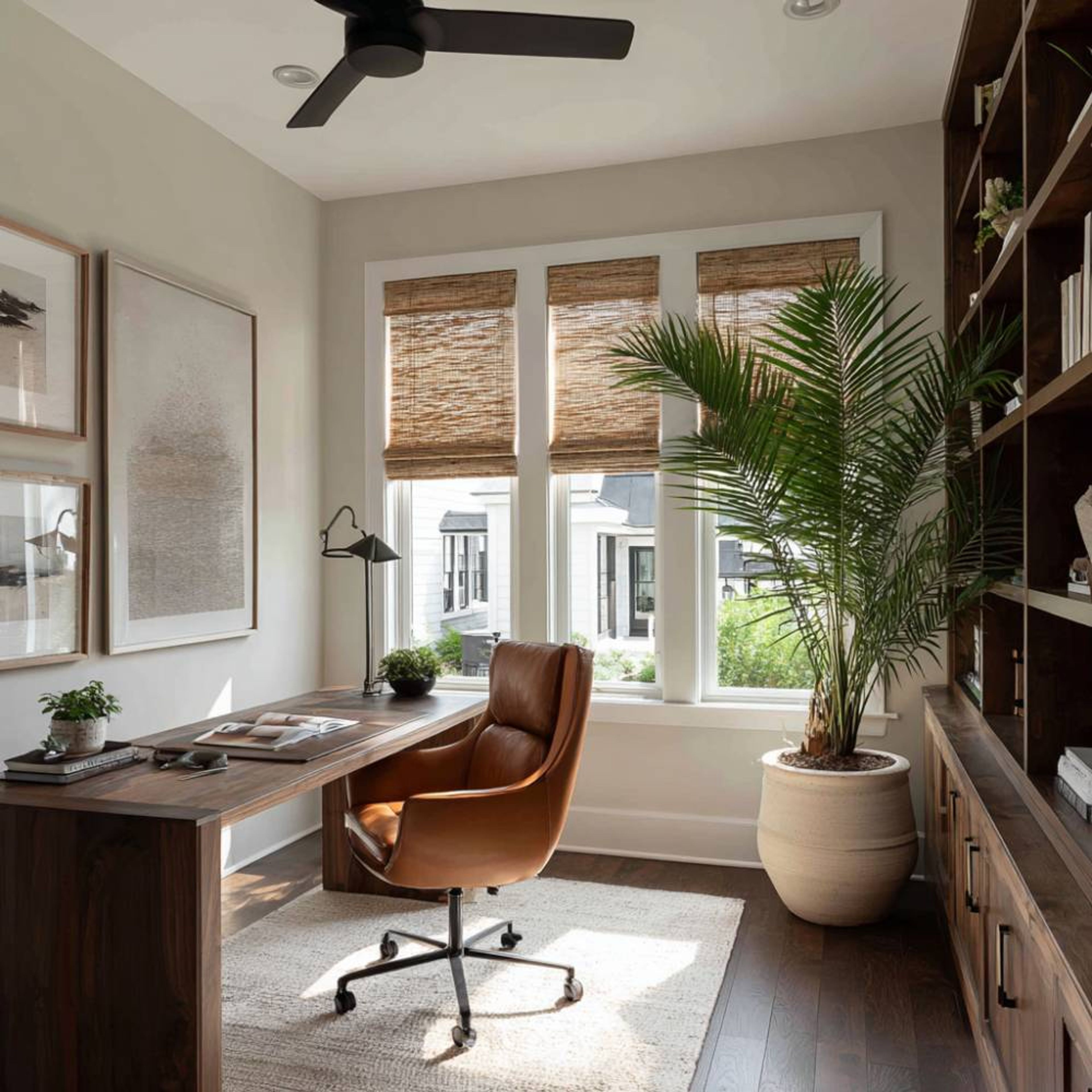 Contemporary Teak Home Office Design with Wood Desk and Bookcase