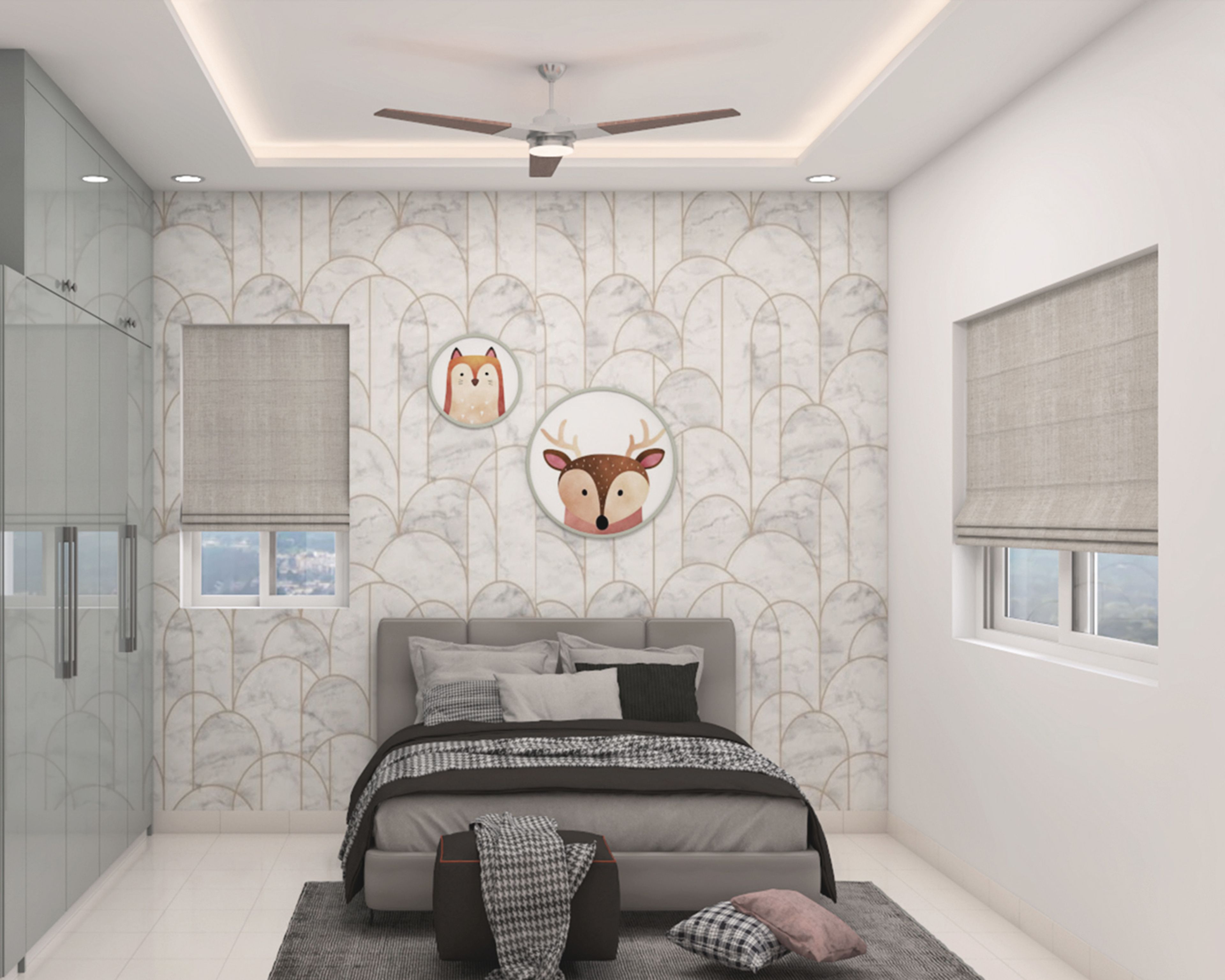 Kids Bedroom Modern Wallpaper Design with Ivory and Gold Geometric Motif Pattern