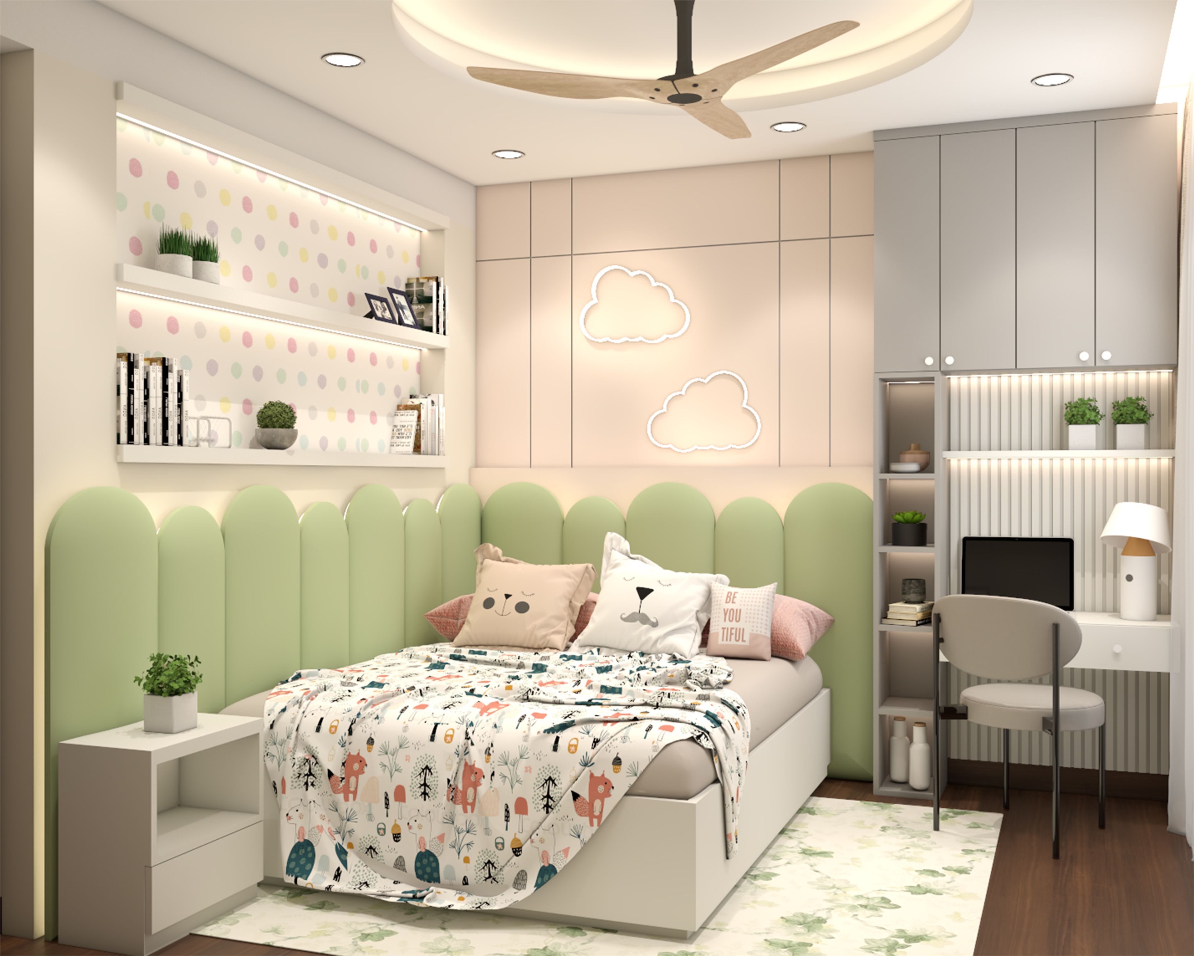 Pastel Scandinavian Kids Bedroom Design with Scalloped Headboard, Built-In Desk and Study Unit
