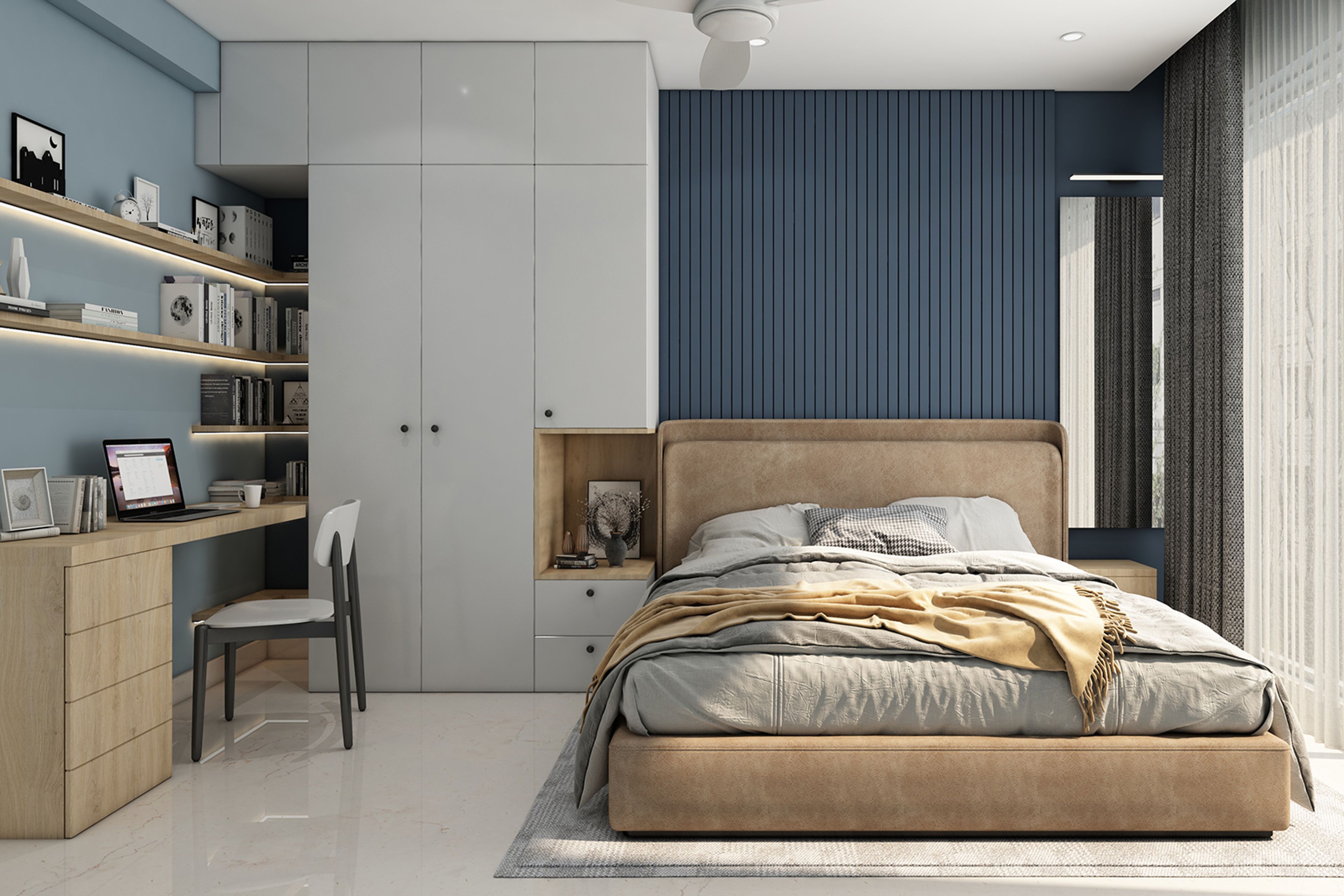 Grey 3-Door Contemporary Swing Wardrobe Design with Shelves and Drawer Unit