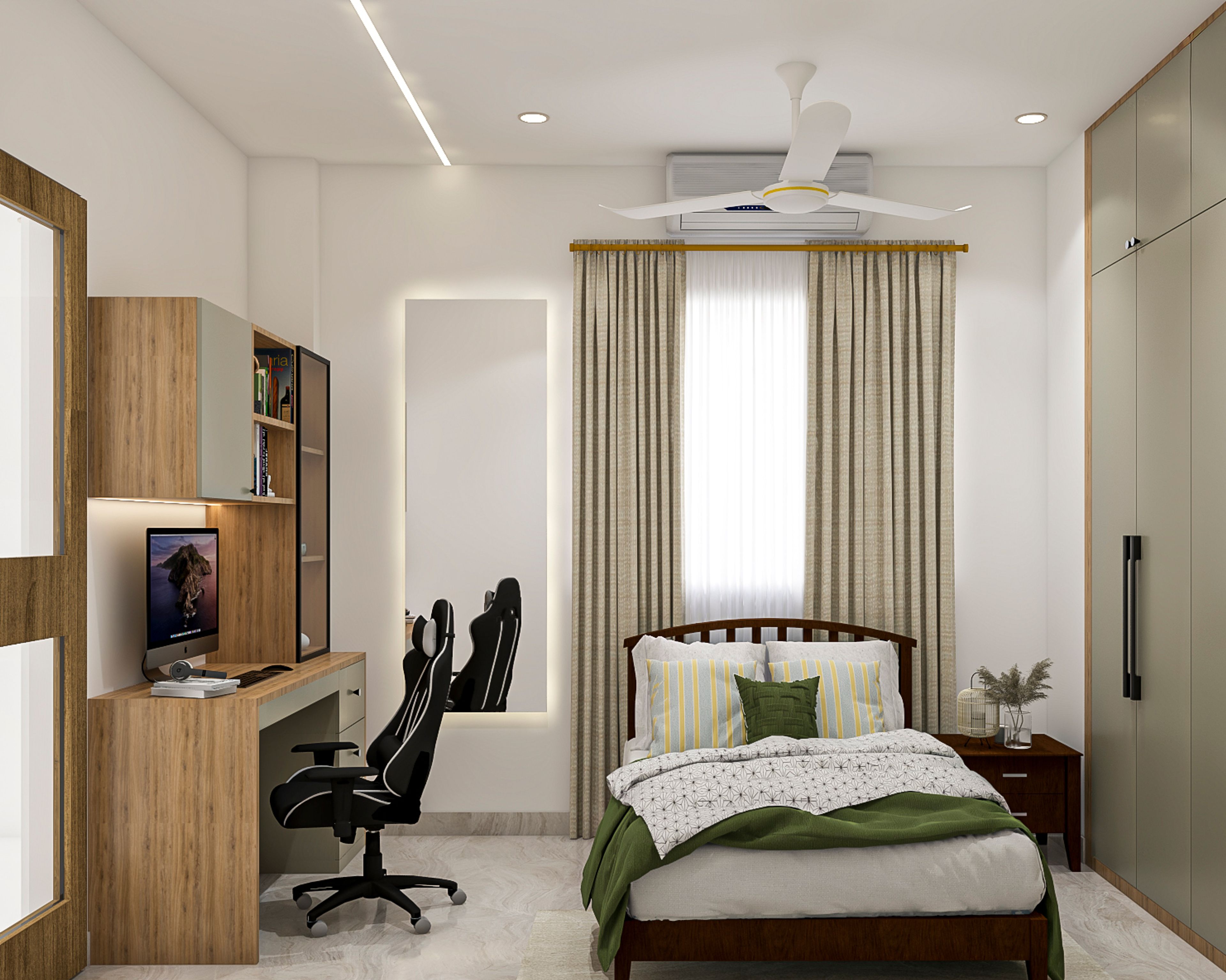 Neutral Coloured Modern Kids Bedroom Design with Dedicated Study Zone