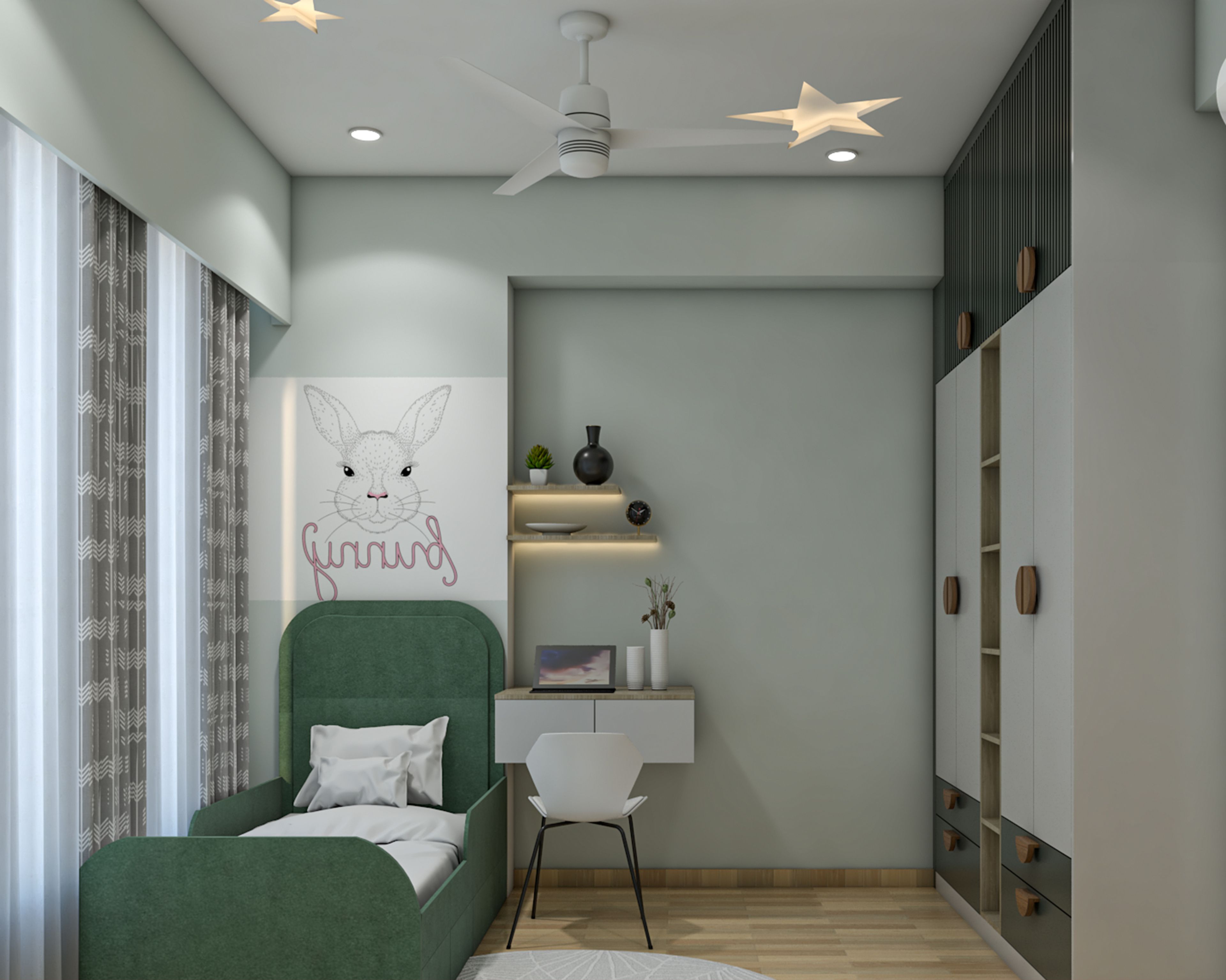 Bunny Theme Contemporary Kids Bedroom Design with Study Unit
