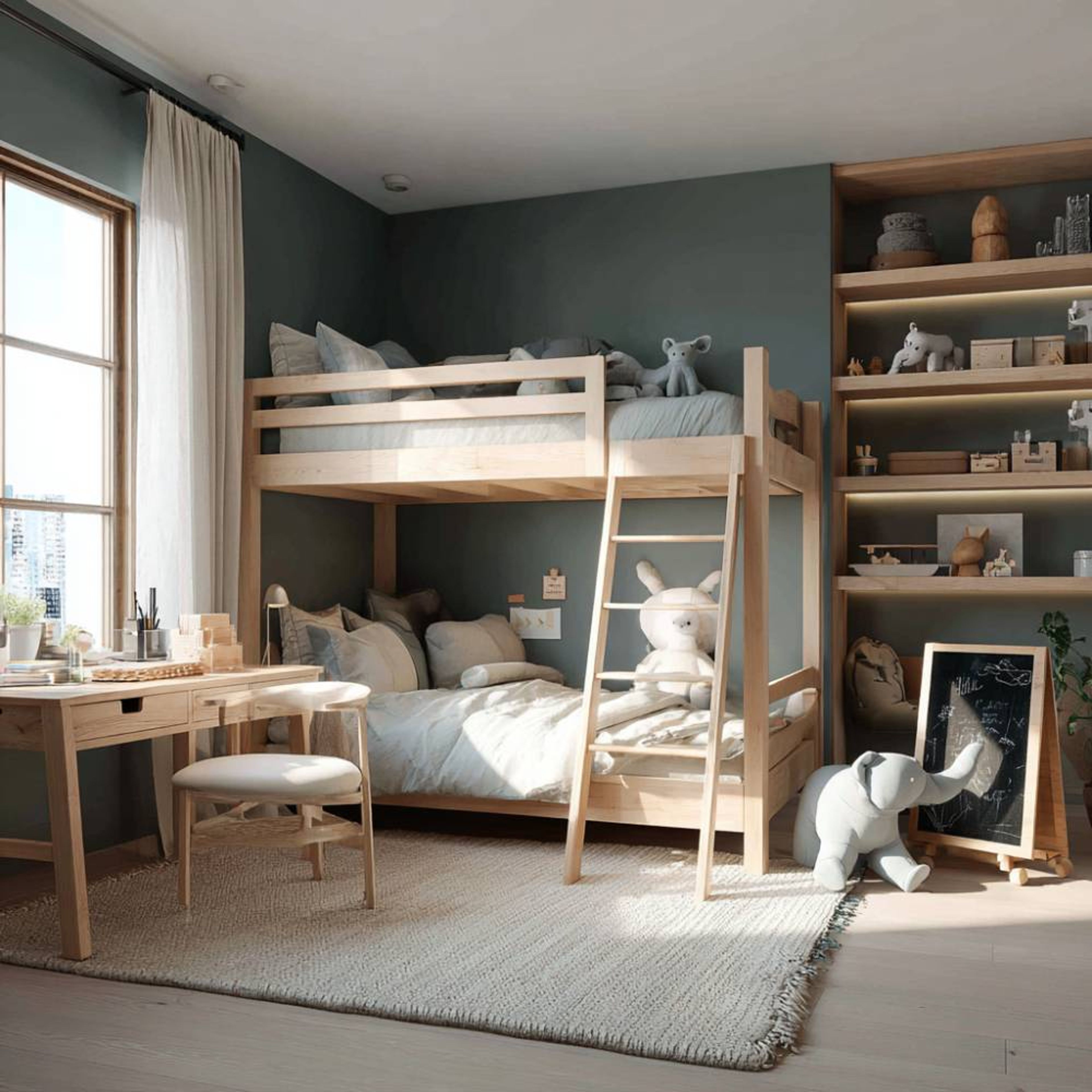 Muted Green Modern Kids Bedroom Design with Wooden Bunk Bed and Wooden Bookshelf