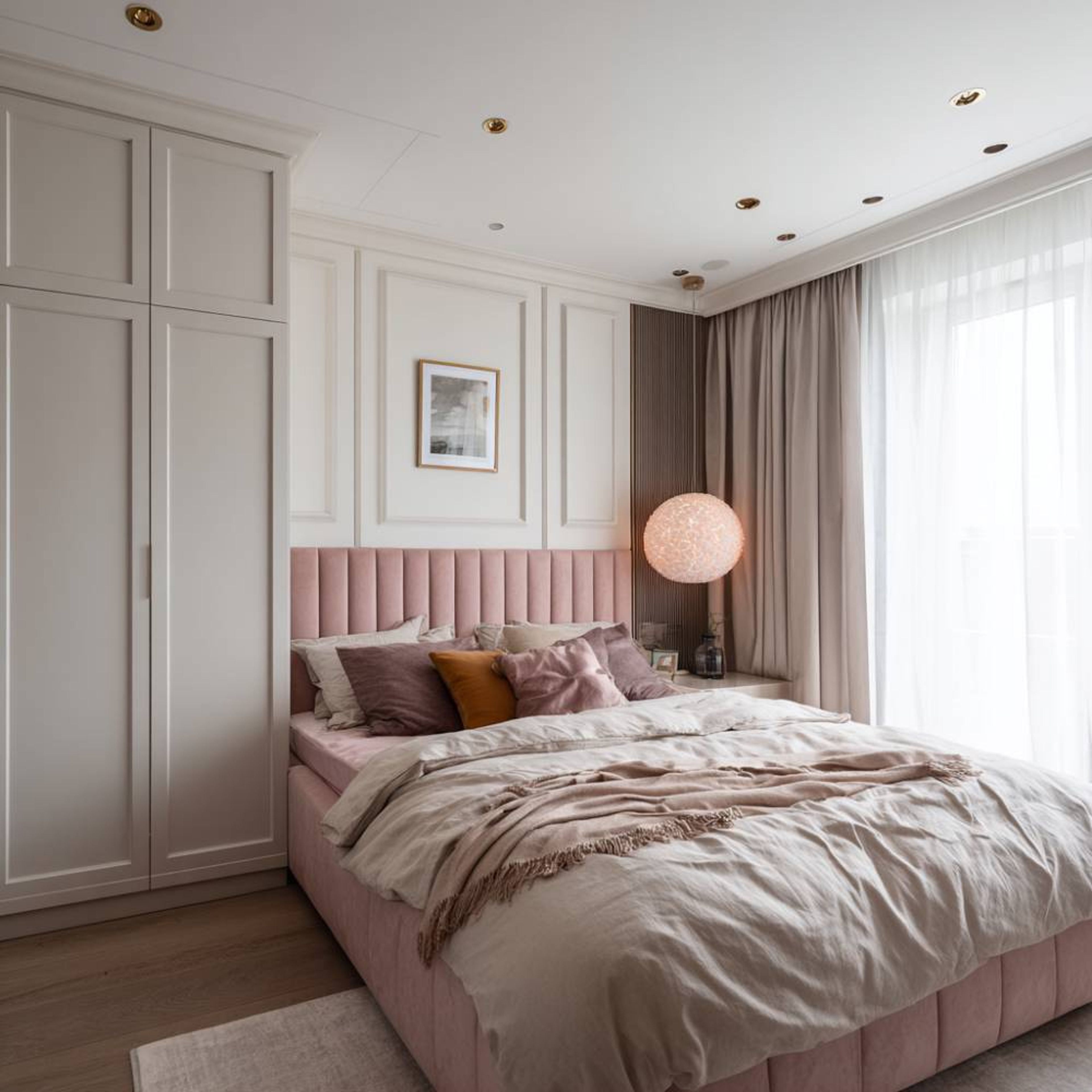 Kids Bedroom Design with Paneled Walls and Pink Tufted Headboard Bed