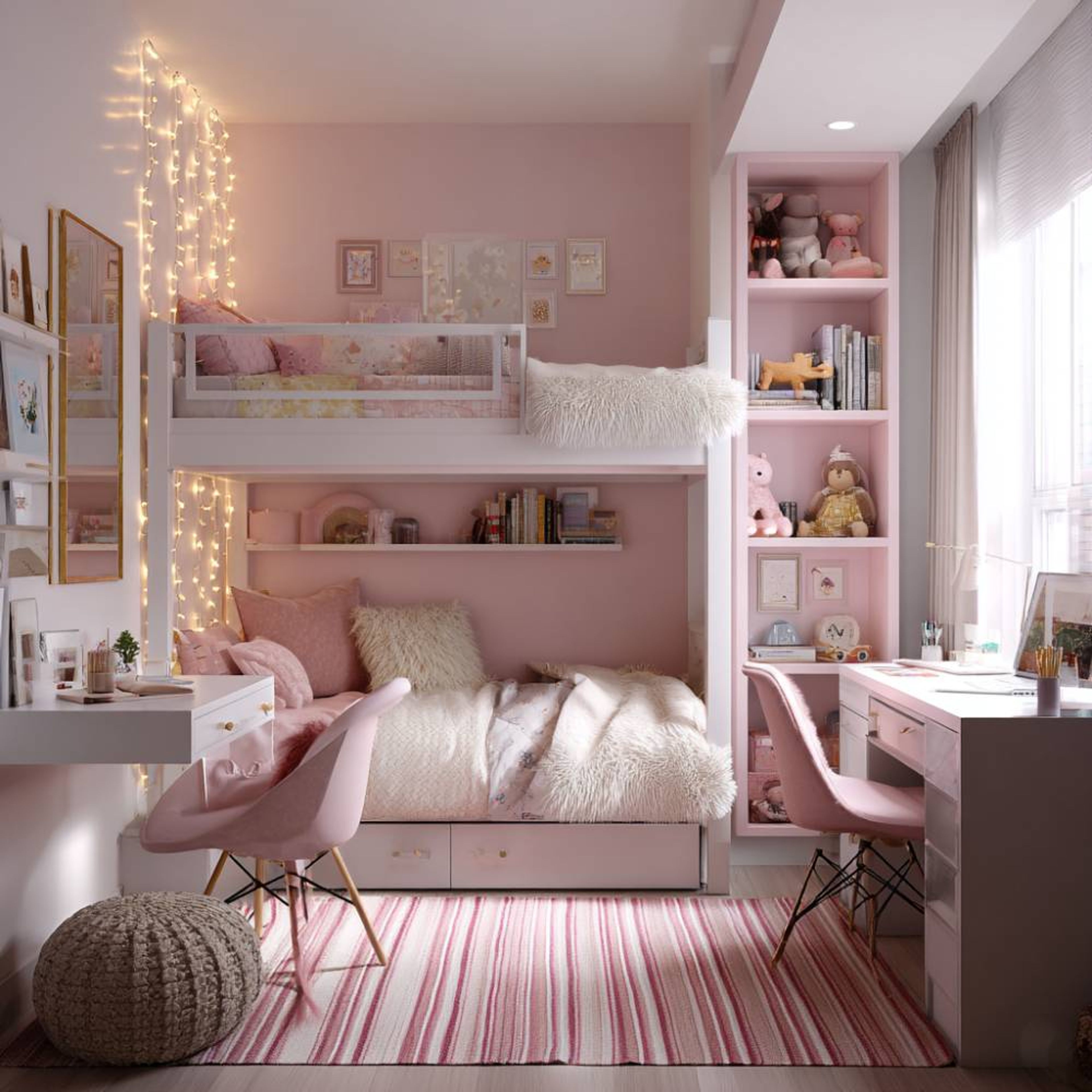 Blush Pink Kids Bedroom Design with Two-Sharing Bunk Bed with Wall Storage