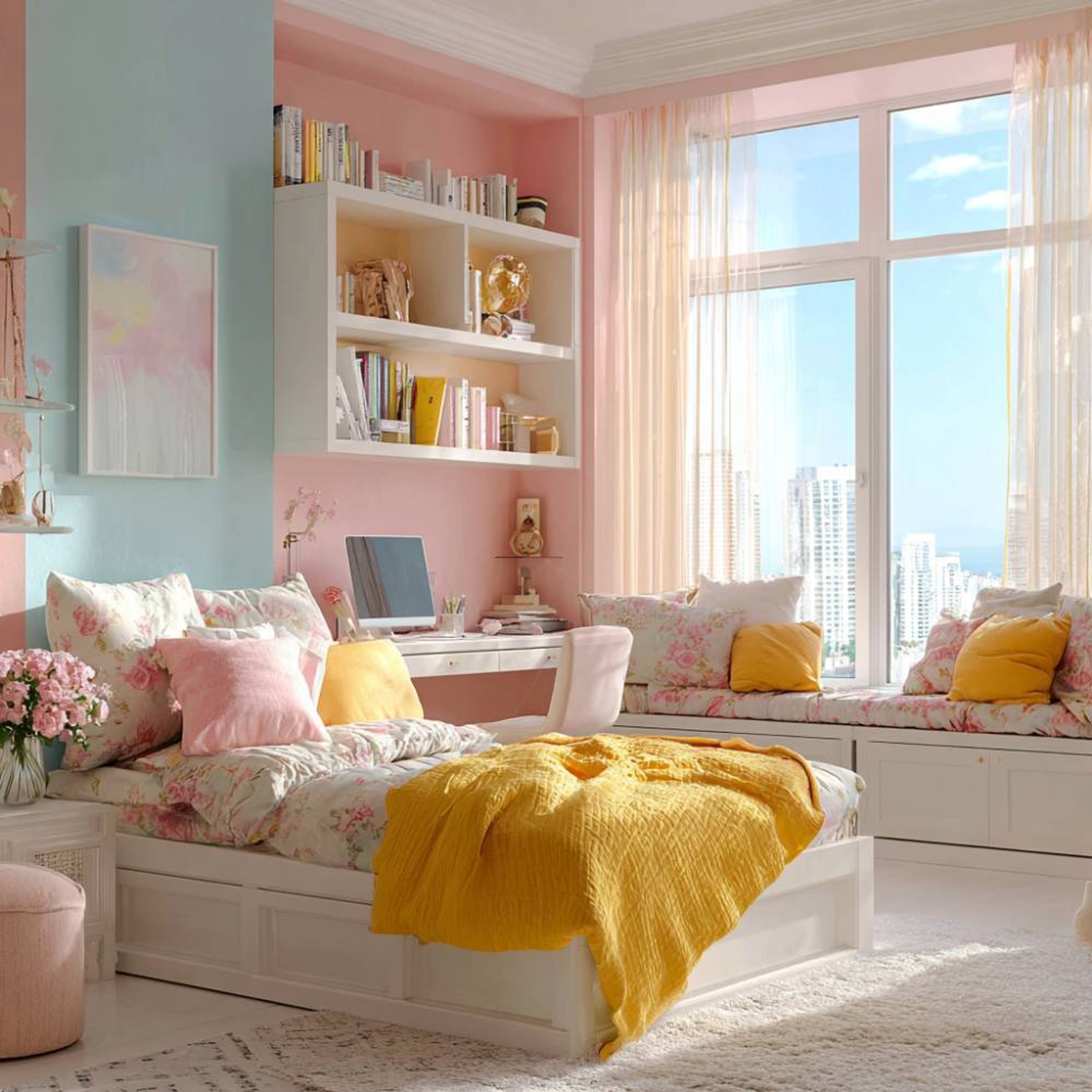 Kids Bedroom Design with Pastel Walls, Single Cot Bed and Study Area