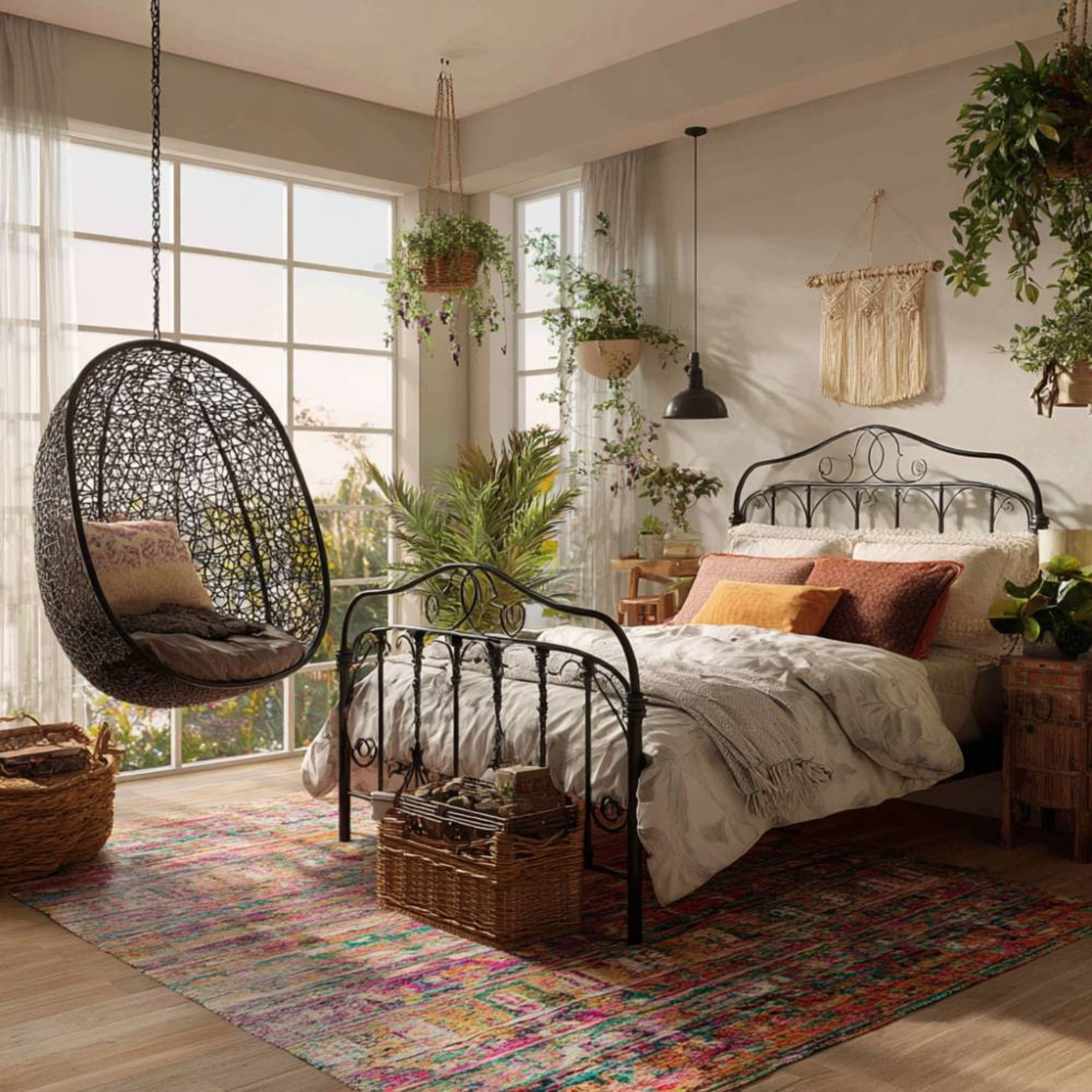 Kids Bedroom Design with Swing Seat and Wrought-Iron Bed