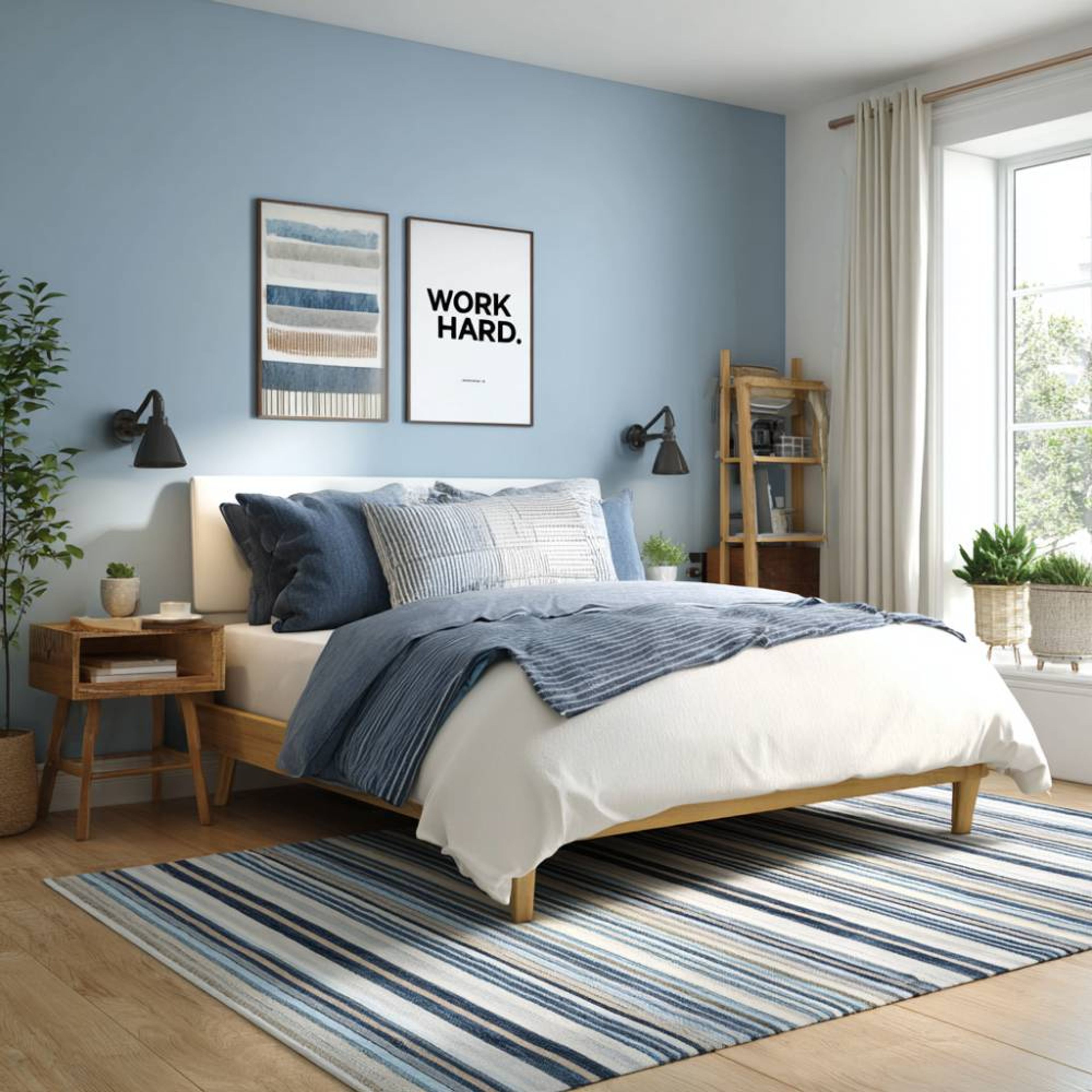 Modern Kids Bedroom Design With Blue Walls and Open Wooden Side Table