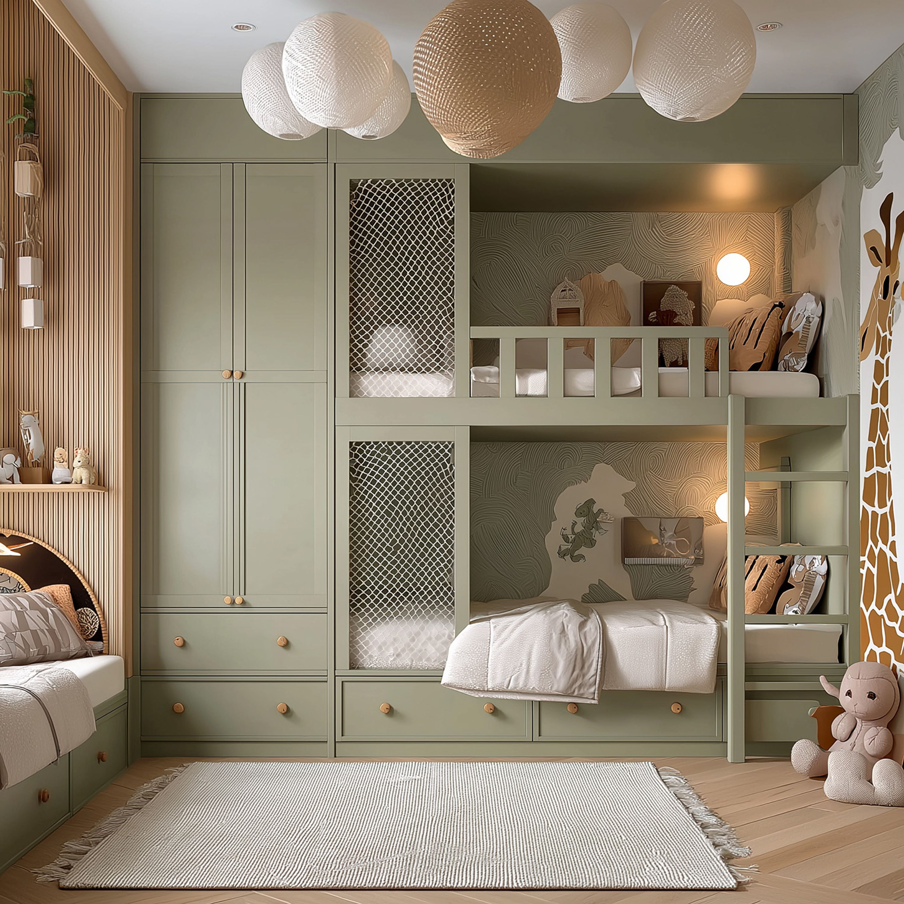 Contemporary  Jungle Theme Kids Bedroom Design with Bunk Beds