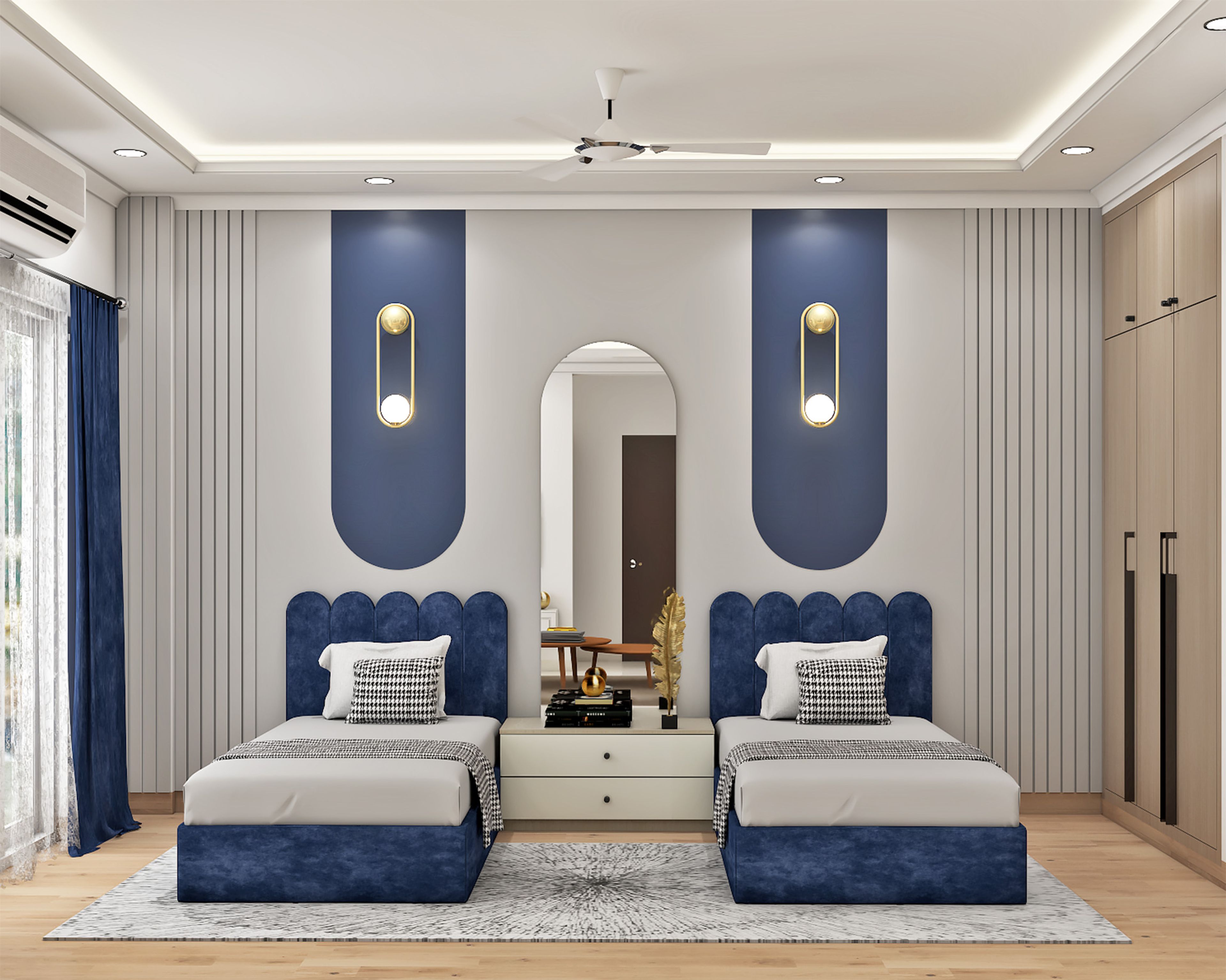 Twin Contemporary Kids Bedroom Design with Arch Lighting and Shared Dresser