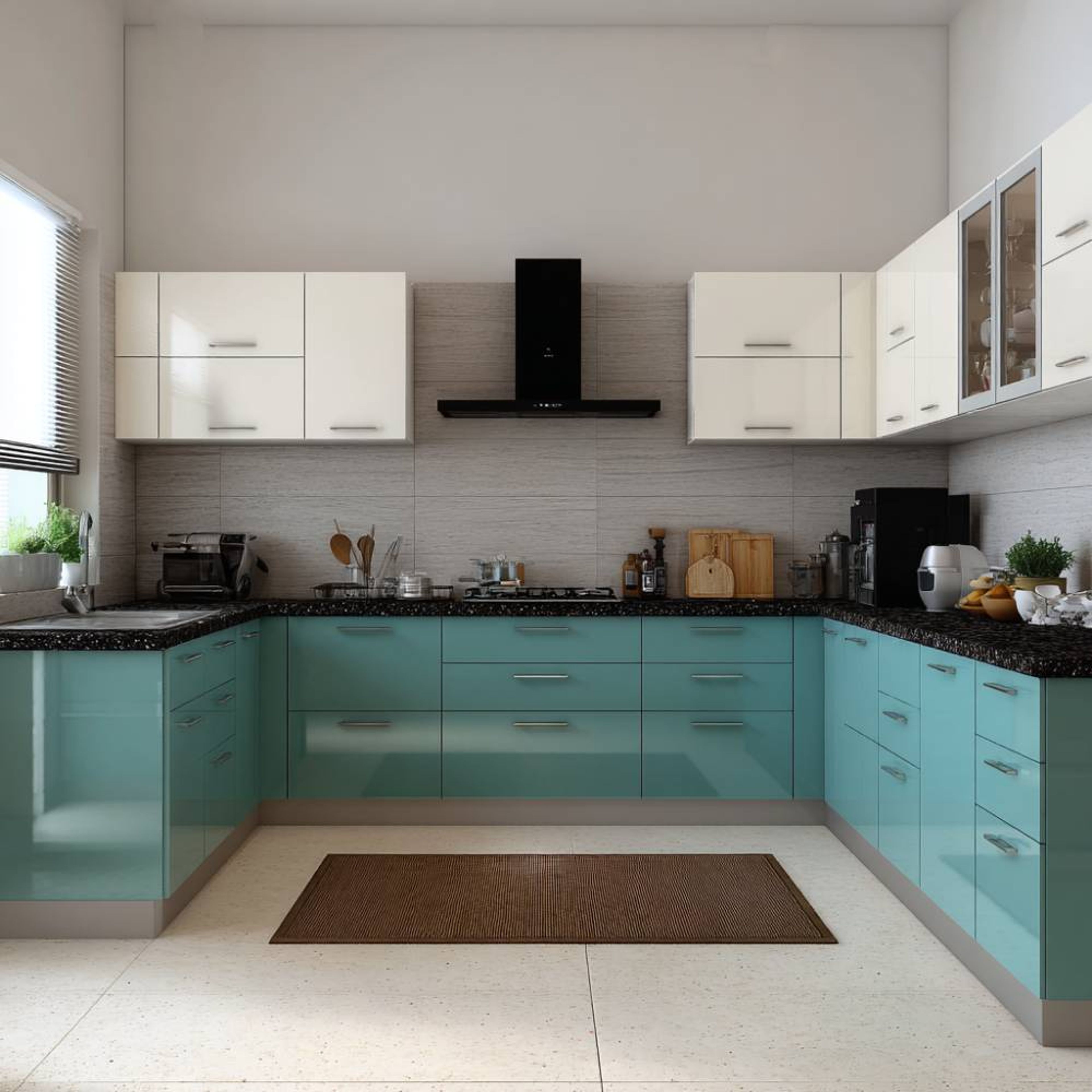 U-Shaped Kitchen Design with Turquoise and Champagne Gloss Finish