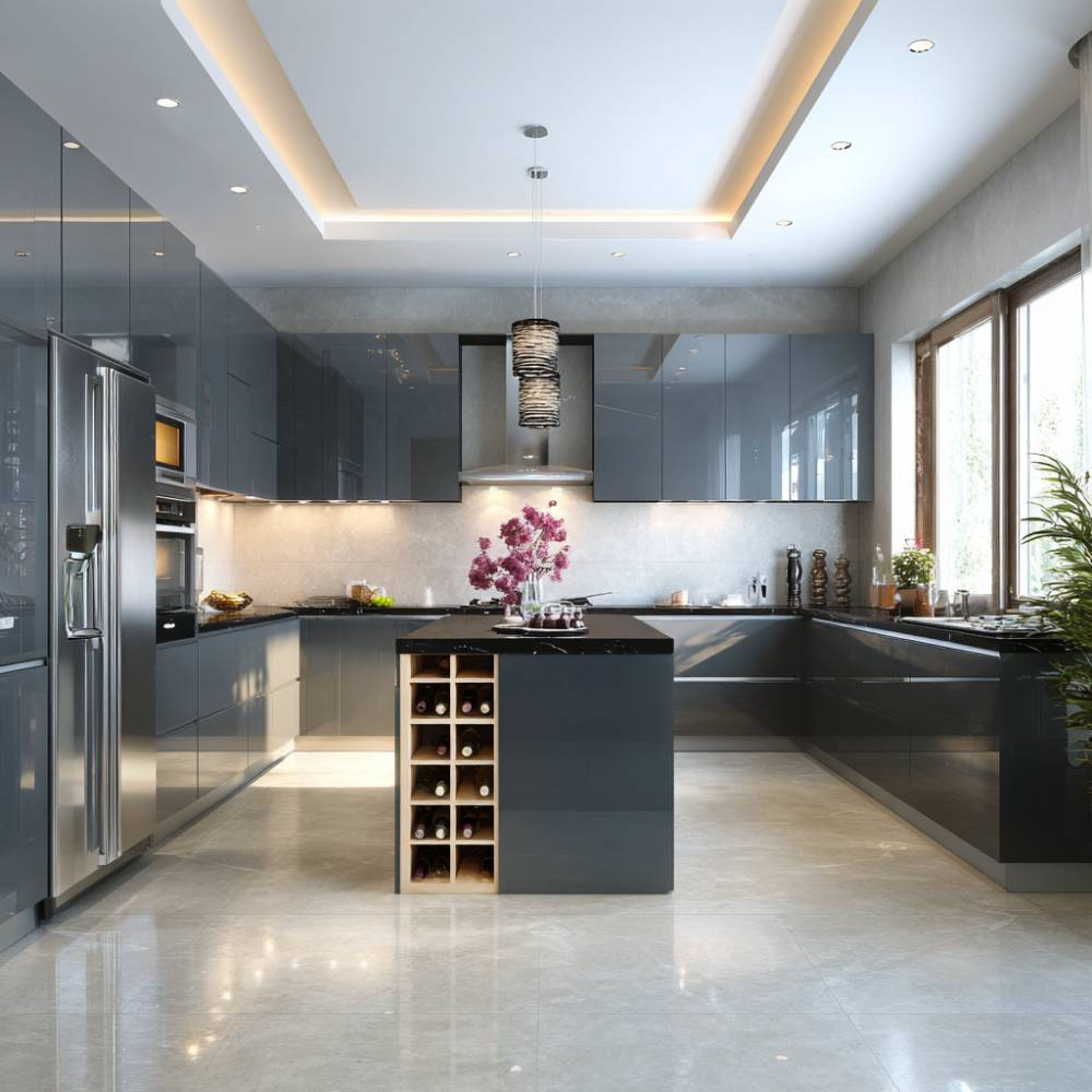 Island Kitchen Design with Blue Cabinets and Granite Countertops