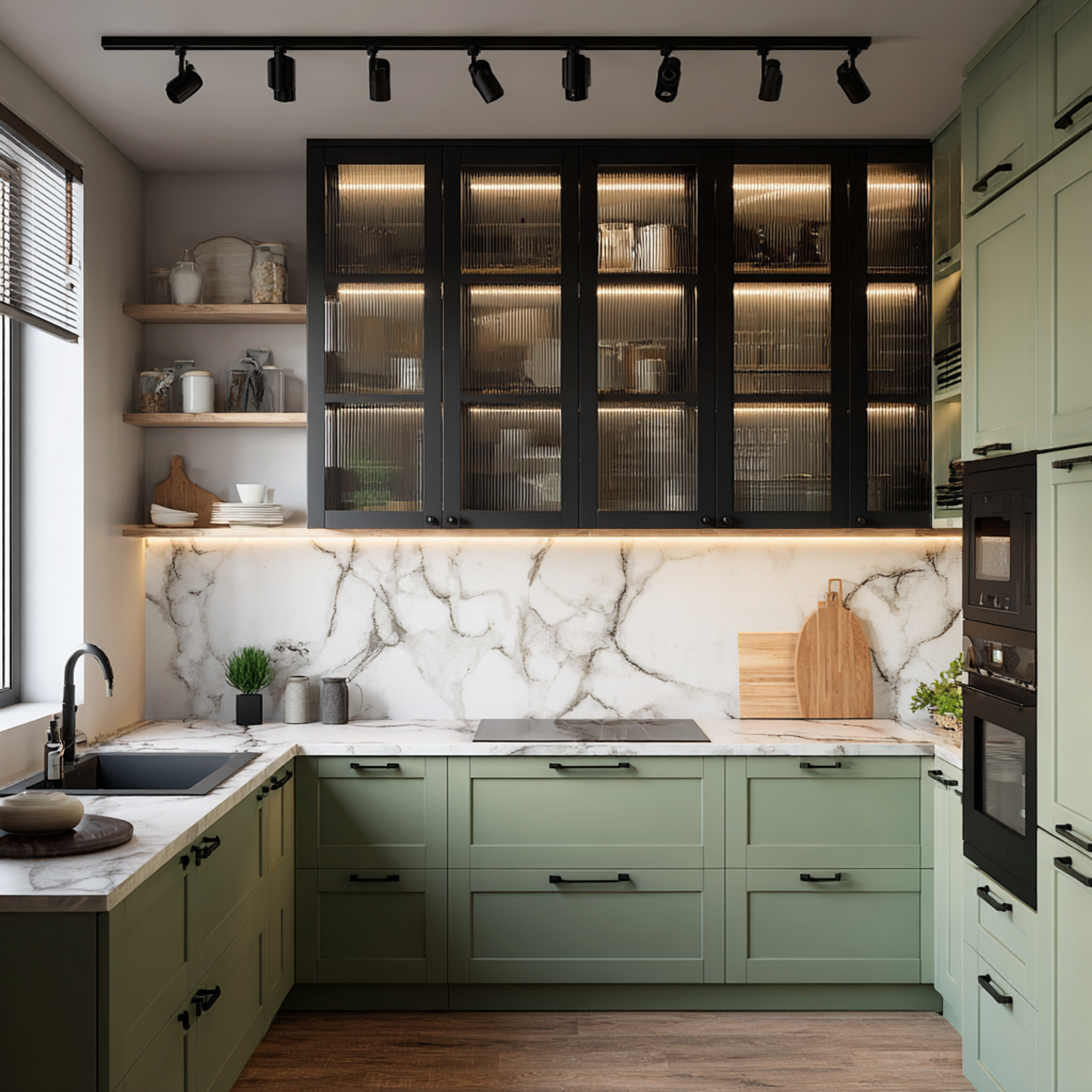 Sage Green U-Shaped Kitchen Design with Quartz Countertop and Glass Front Cabinets