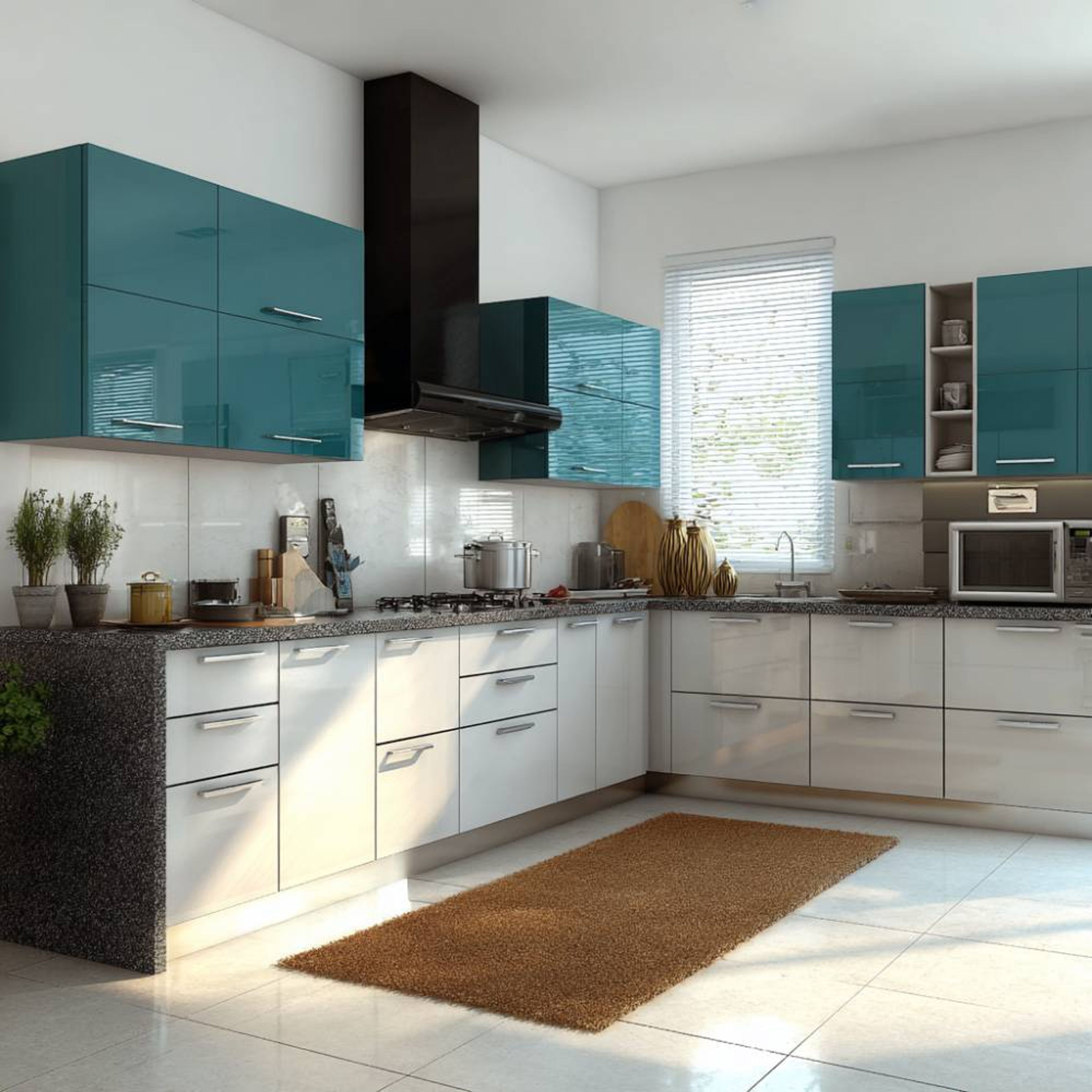 L-Shaped Kitchen Design with Grey Cabinets and Wine Storage