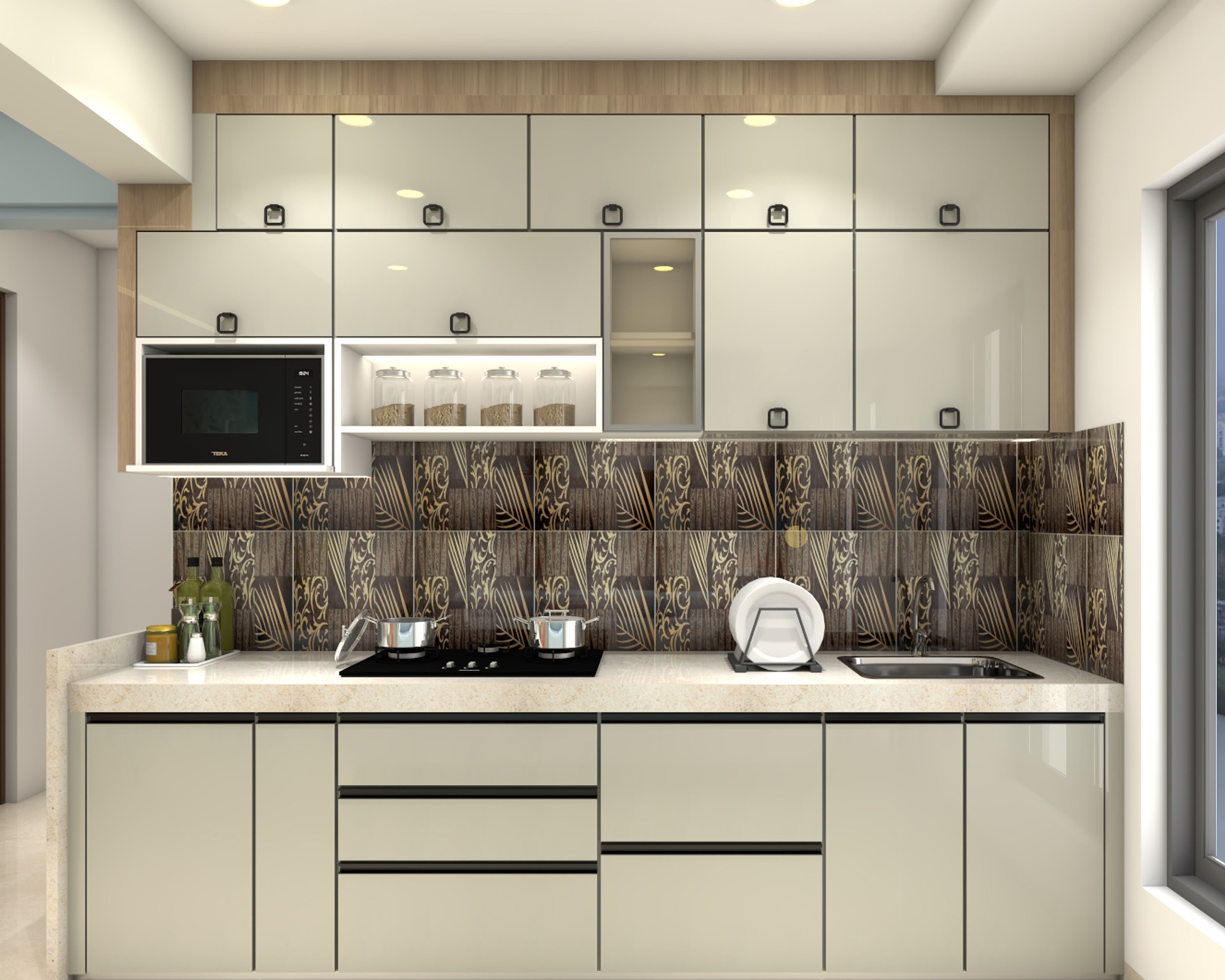 Open Kitchen Design with Grey High Gloss Cabinets and Quartz Countertop