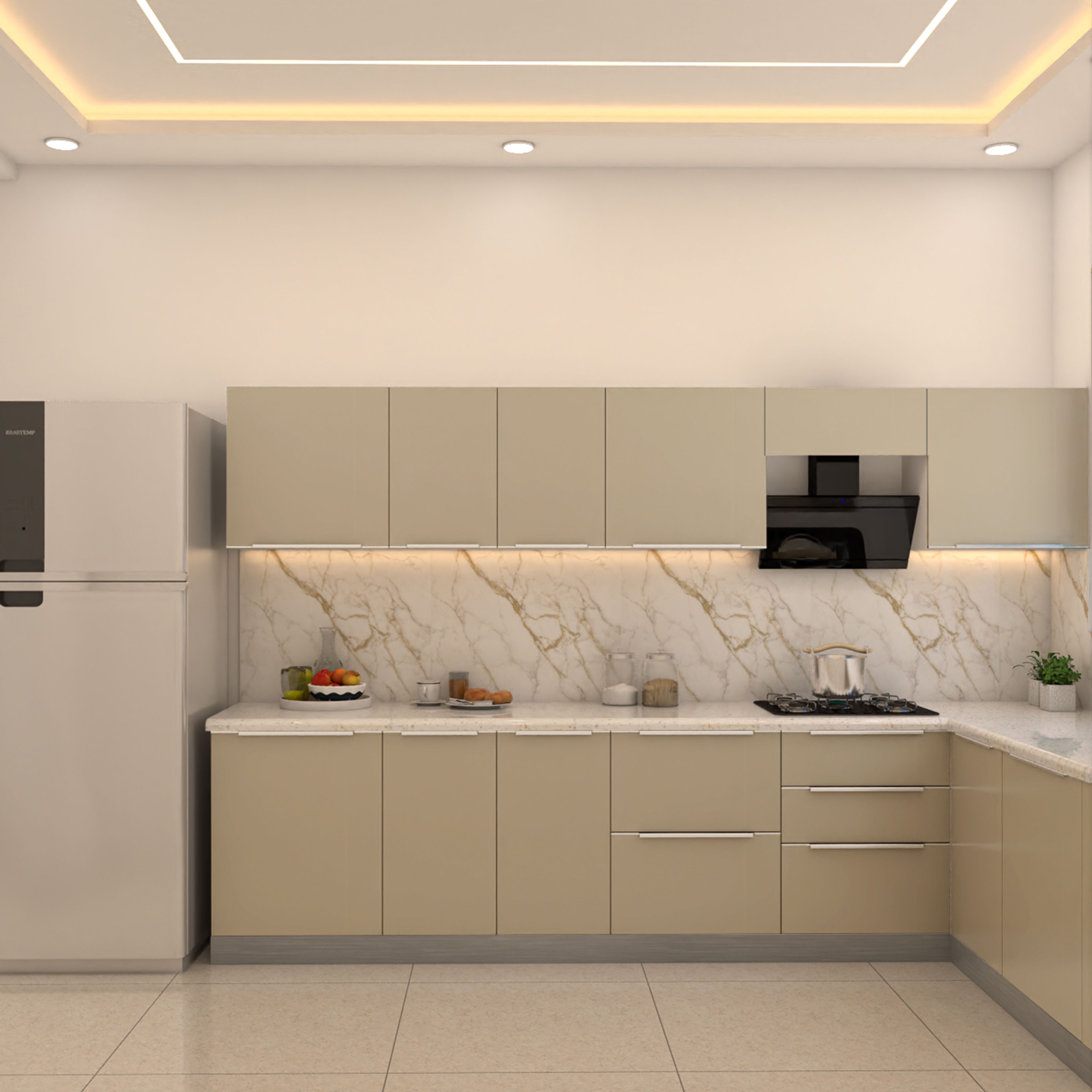 L-Shaped Kitchen Design with Cream Suede Finish Cabinets and Quartz Countertop